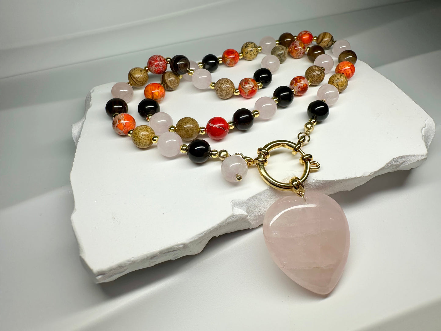 Emotional Balance Necklace – Rose Quartz, Picture Jasper, Striped Agate, Orange Jasper