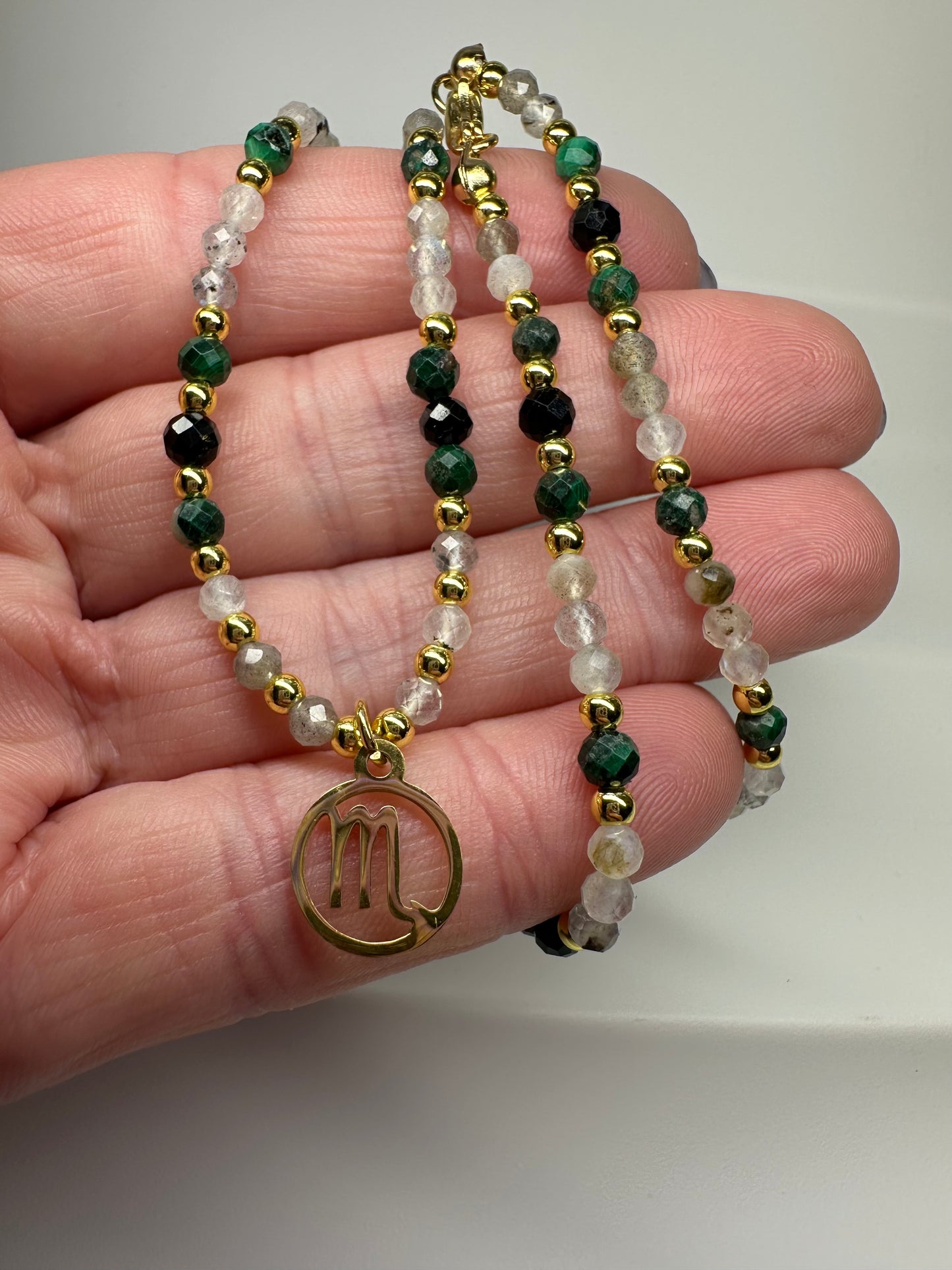 Scorpio Zodiac Beaded Necklace – Black Tourmaline, Malachite & Labradorite for Protection & Transformation