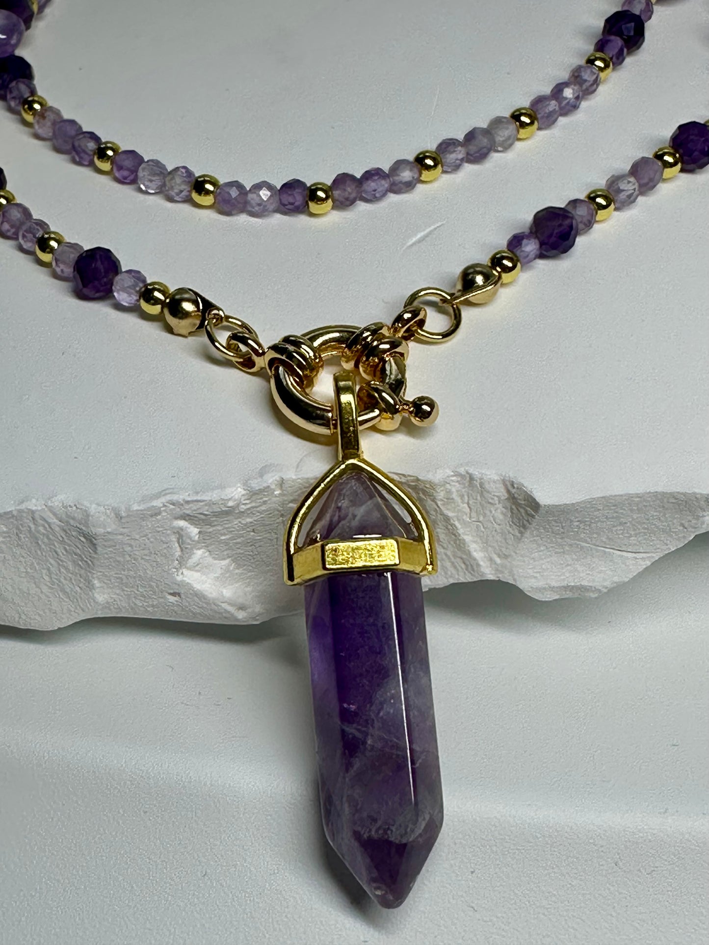 Amethyst Crystal Point Necklace β Calm, Intuition & Gold Elegance