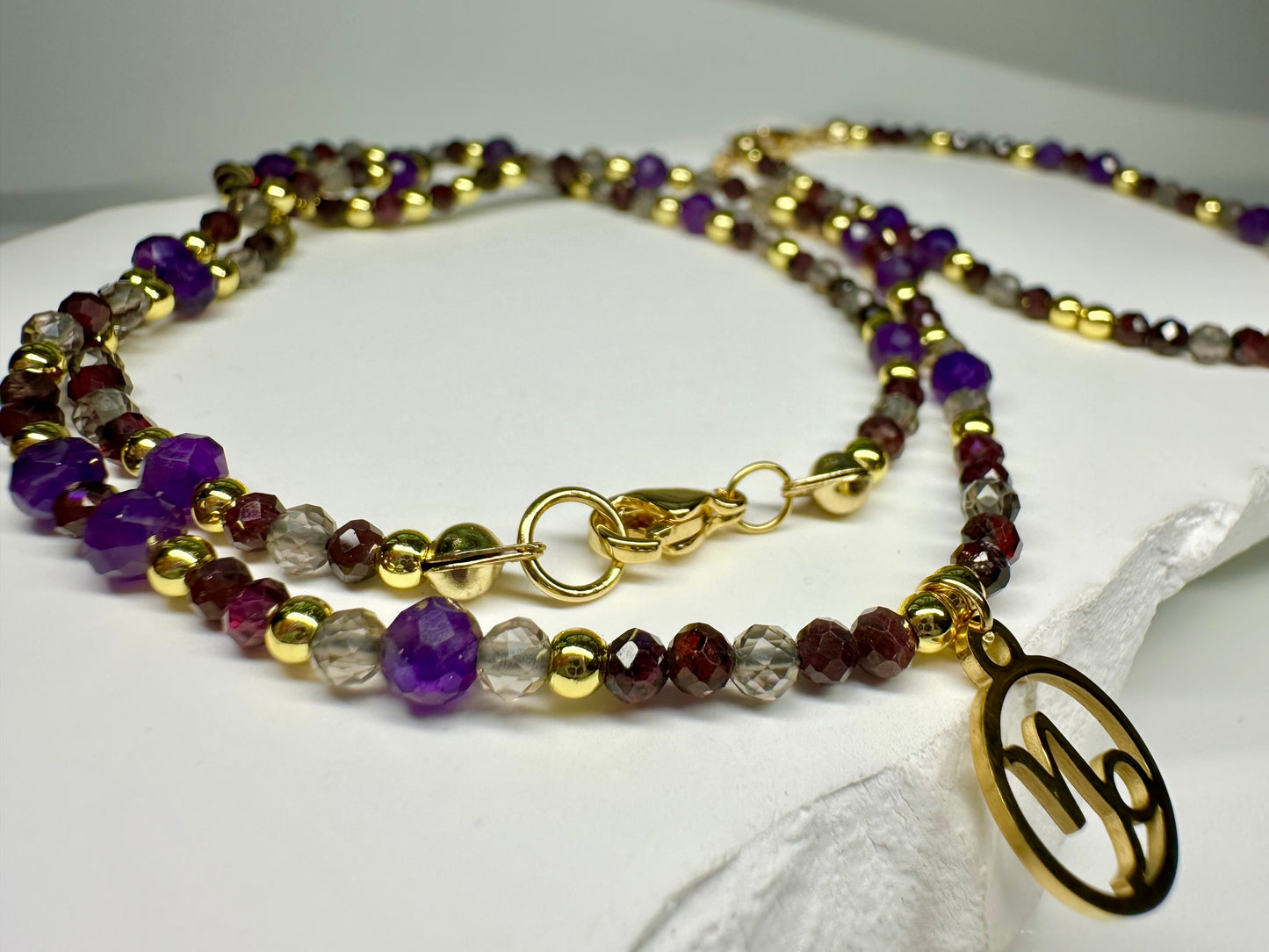 Capricorn Zodiac Jewellery Set – Smoky Quartz, Garnet & Amethyst | Handmade Necklace & Bracelet for Grounding & Ambition