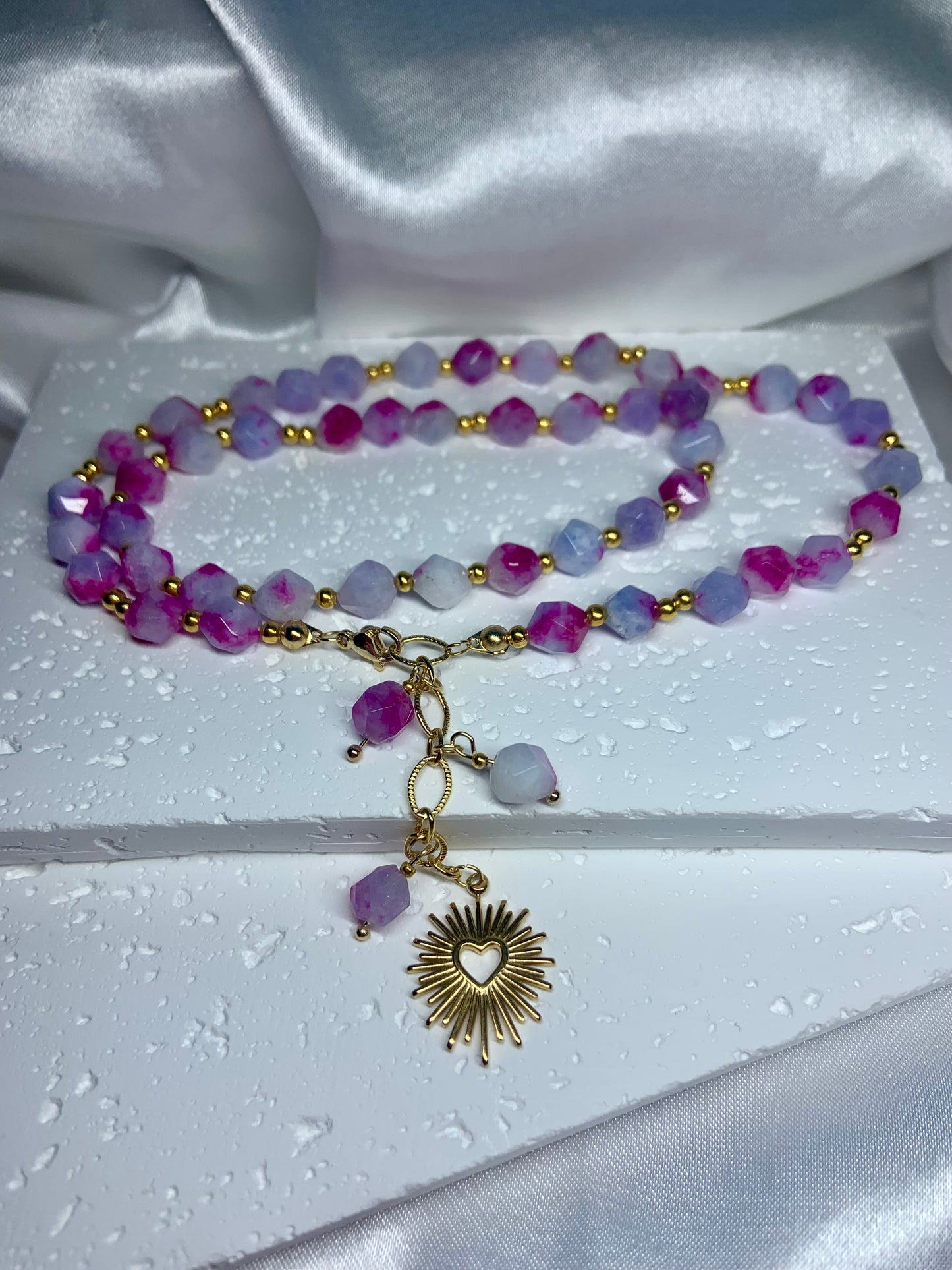 Pink Jade Necklace with Sunburst Heart Charm – Handmade Crystal Jewelry for Love, Joy & Emotional Healing