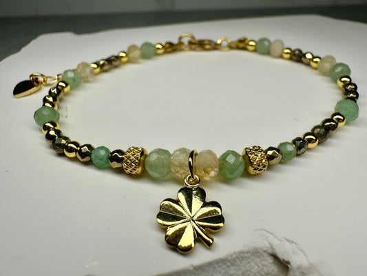 Money Attraction Bracelet – Pyrite, Citrine & Green Aventurine with Clover Pendant for Wealth, Luck & Prosperity