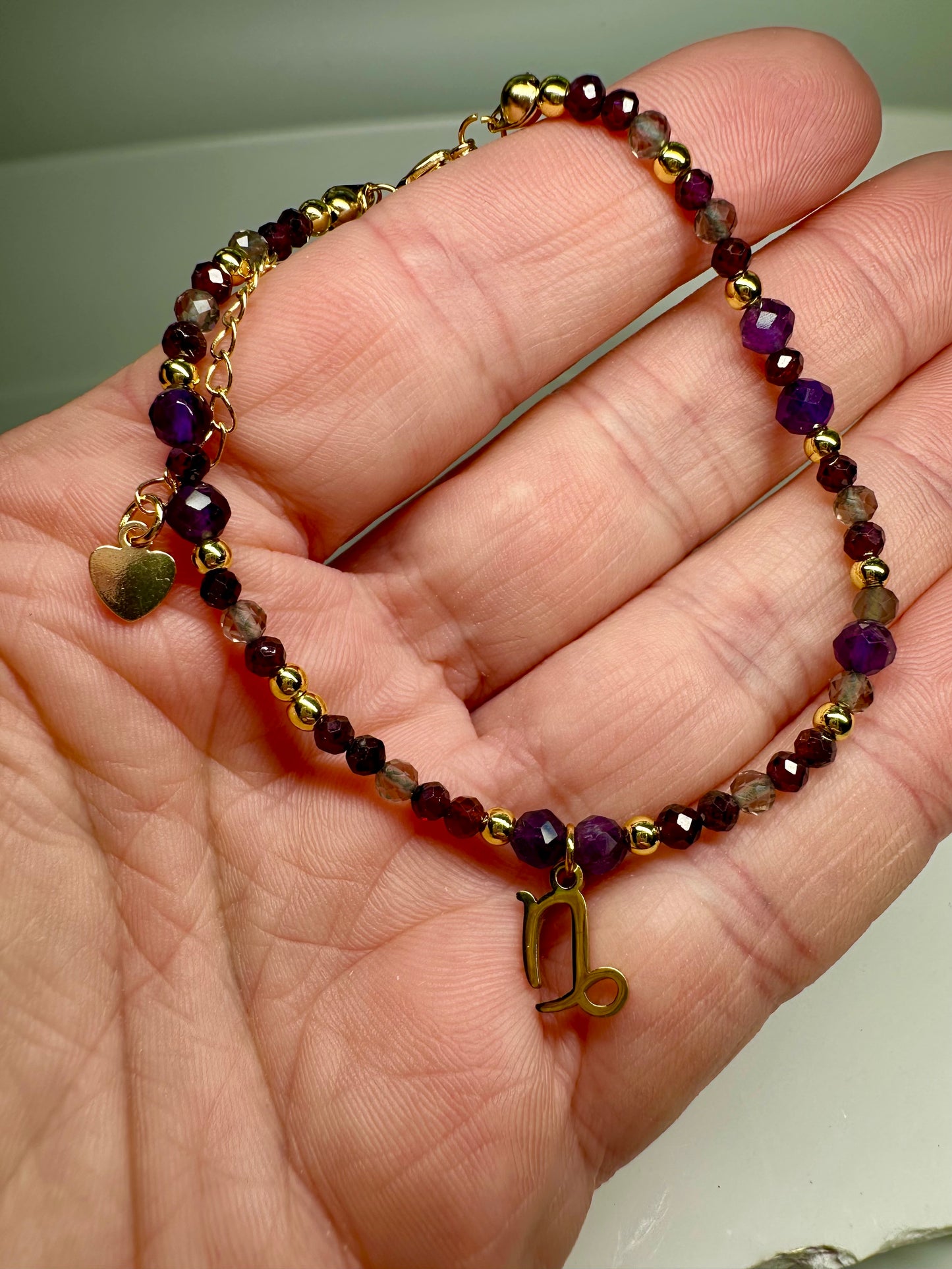 Capricorn Zodiac Bracelet – Smoky Quartz, Garnet & Amethyst | Handmade Crystal Jewellery for Strength & Grounding