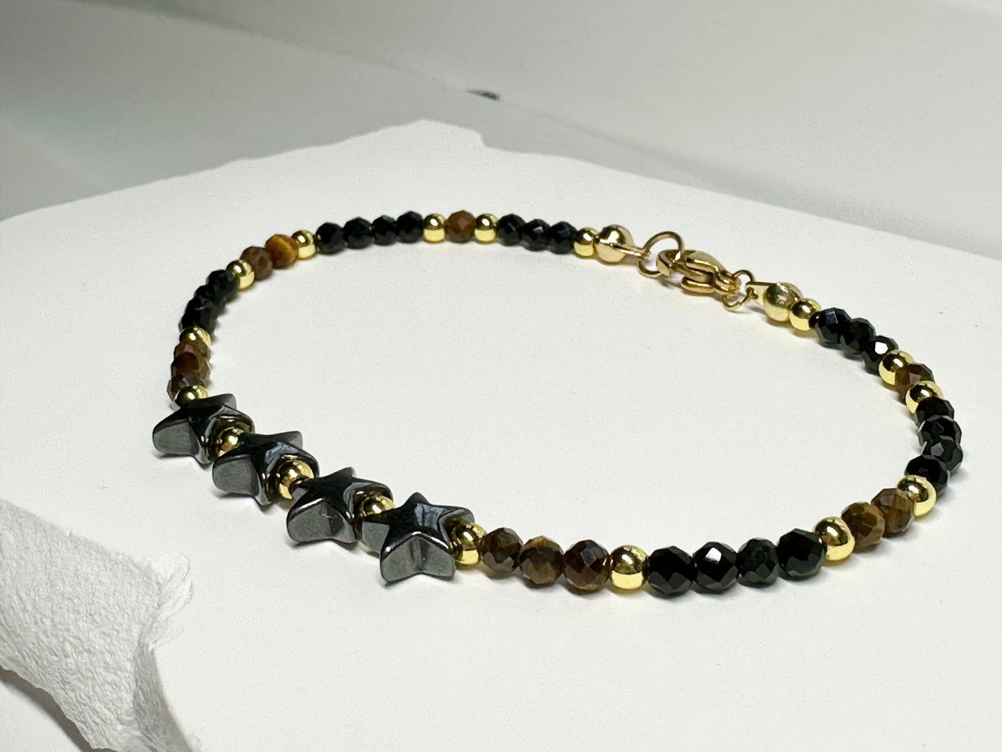 Black Tourmaline, Tiger Eye & Hematite Stars Bracelet – Handmade Protection Jewelry for Strength, Focus & Energy Shielding