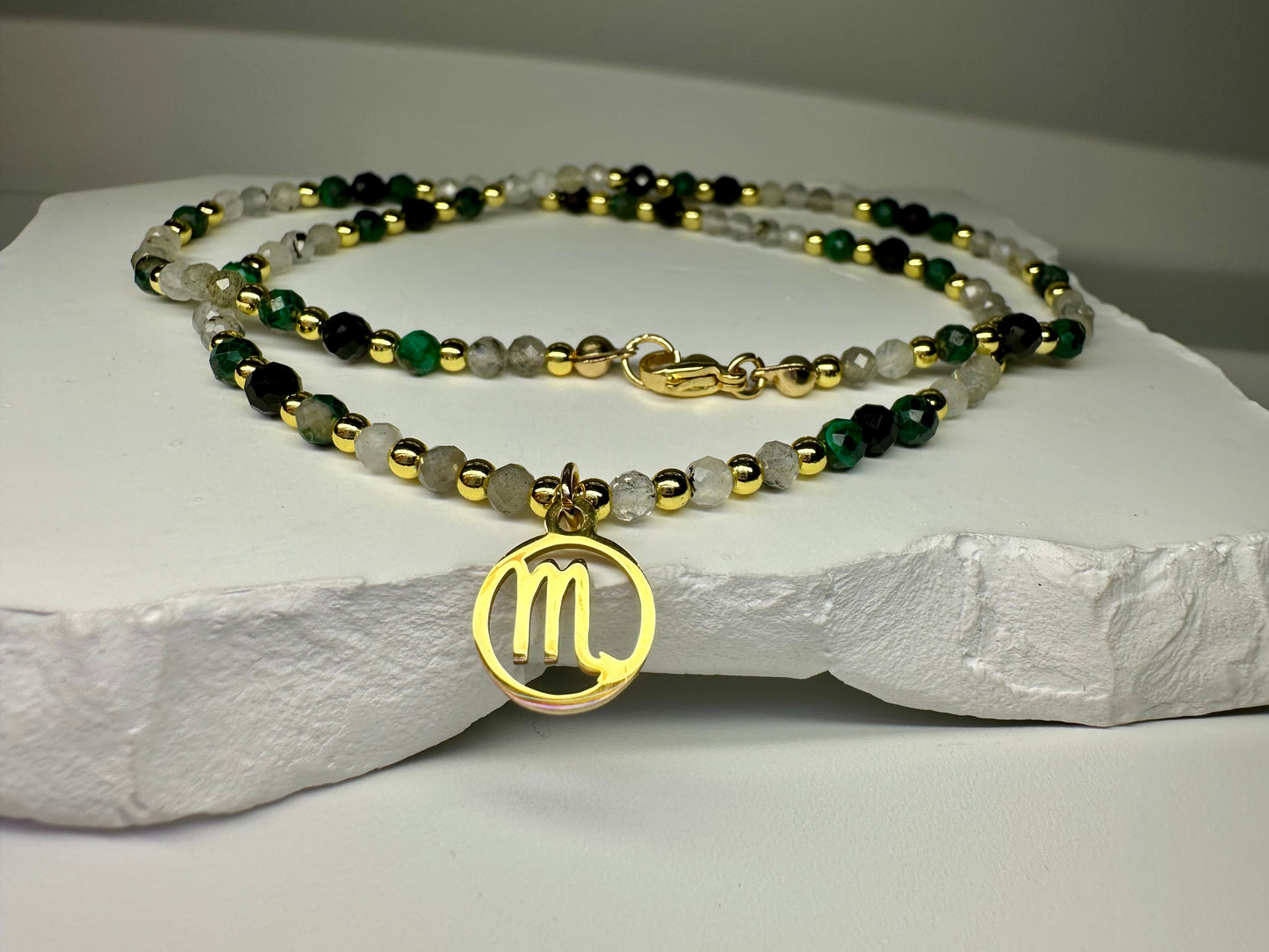 Scorpio Zodiac Beaded Necklace – Black Tourmaline, Malachite & Labradorite for Protection & Transformation