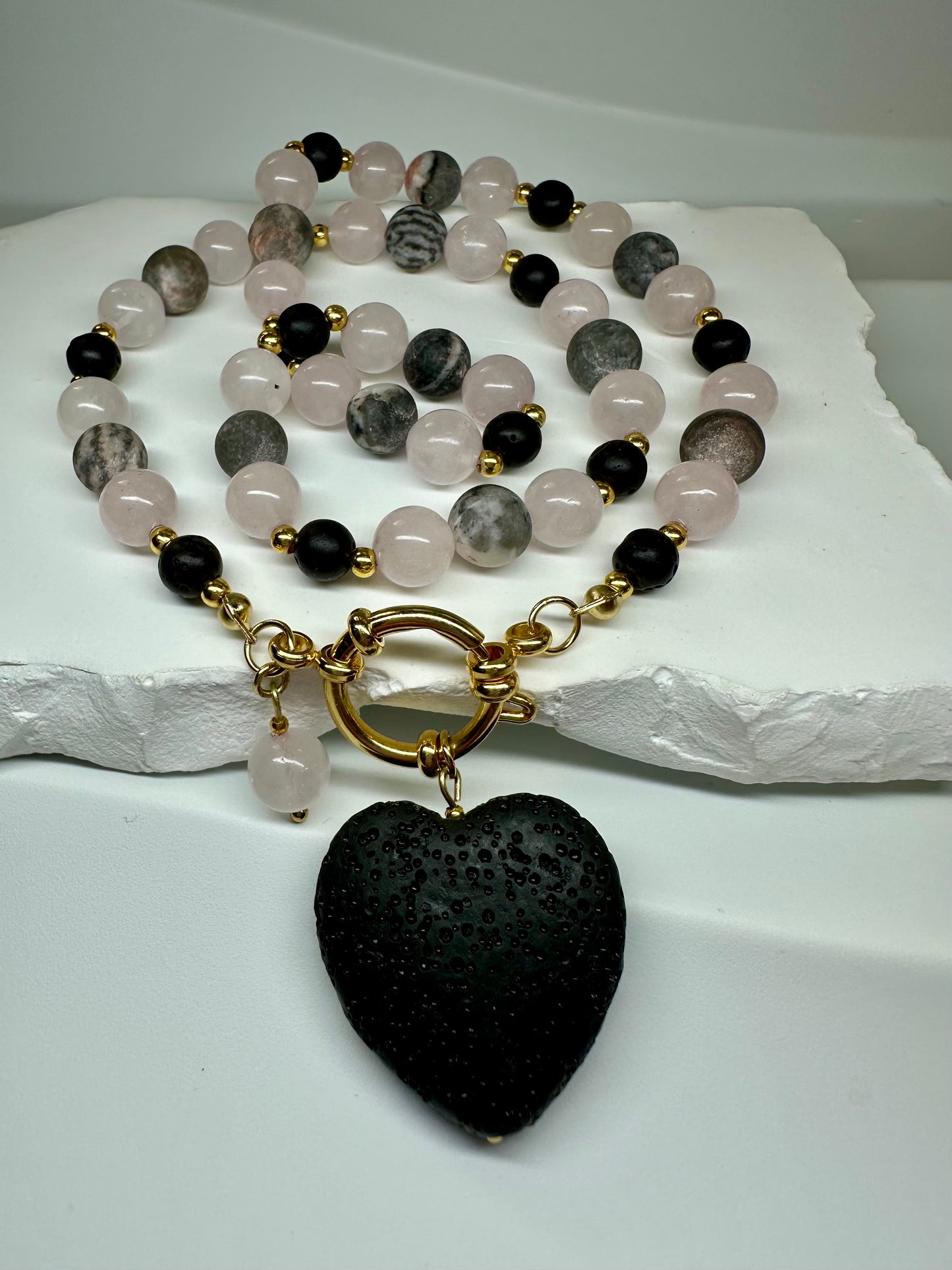 Grounded Love Crystal Necklace – Rose Quartz, Black Lava & Pink Zebra Jasper | Handmade Spiritual Jewellery for Balance & Healing
