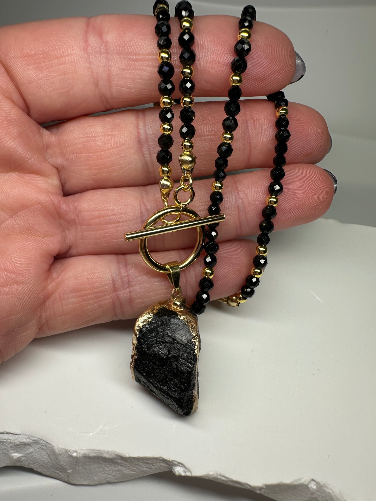 Black Tourmaline Beaded Necklace – Handmade Protection Jewellery with Raw Pendant & Gold Toggle Clasp