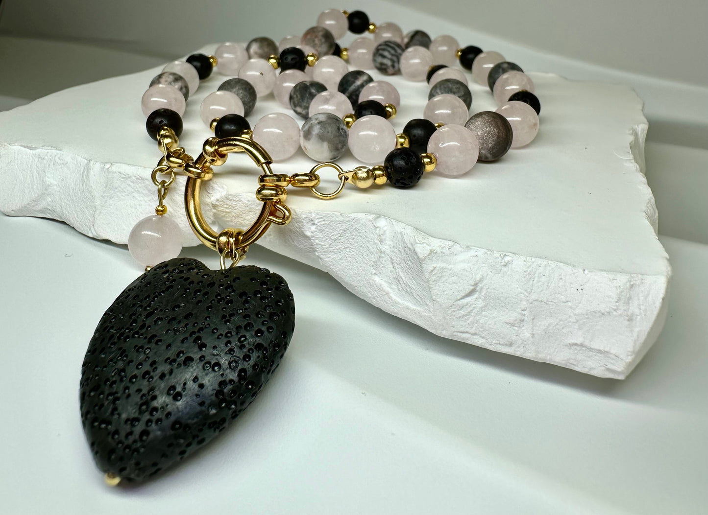 Grounded Love Crystal Necklace – Rose Quartz, Black Lava & Pink Zebra Jasper | Handmade Spiritual Jewellery for Balance & Healing