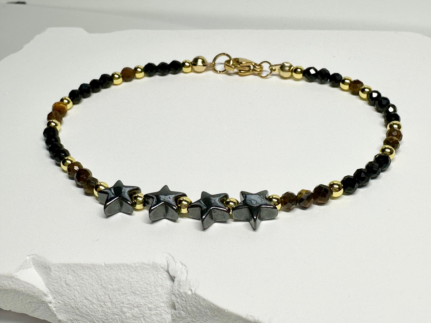 Black Tourmaline, Tiger Eye & Hematite Stars Bracelet – Handmade Protection Jewelry for Strength, Focus & Energy Shielding