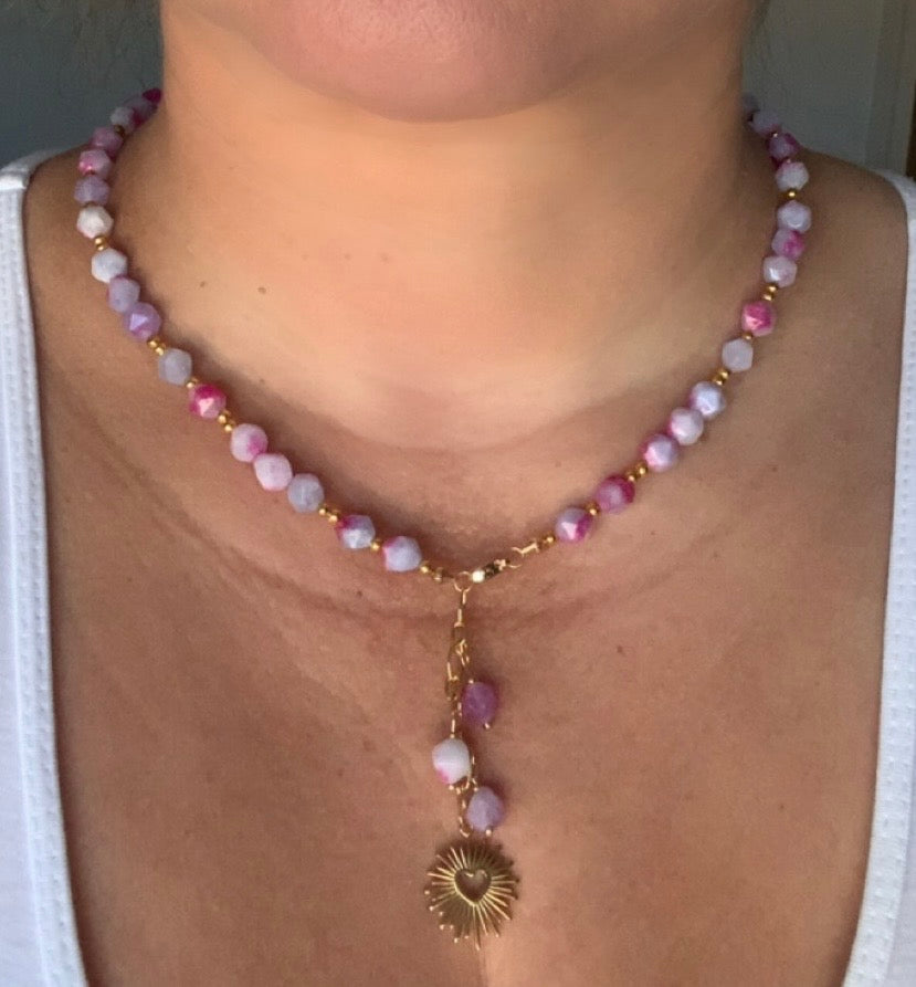 Pink Jade Necklace with Sunburst Heart Charm – Handmade Crystal Jewelry for Love, Joy & Emotional Healing