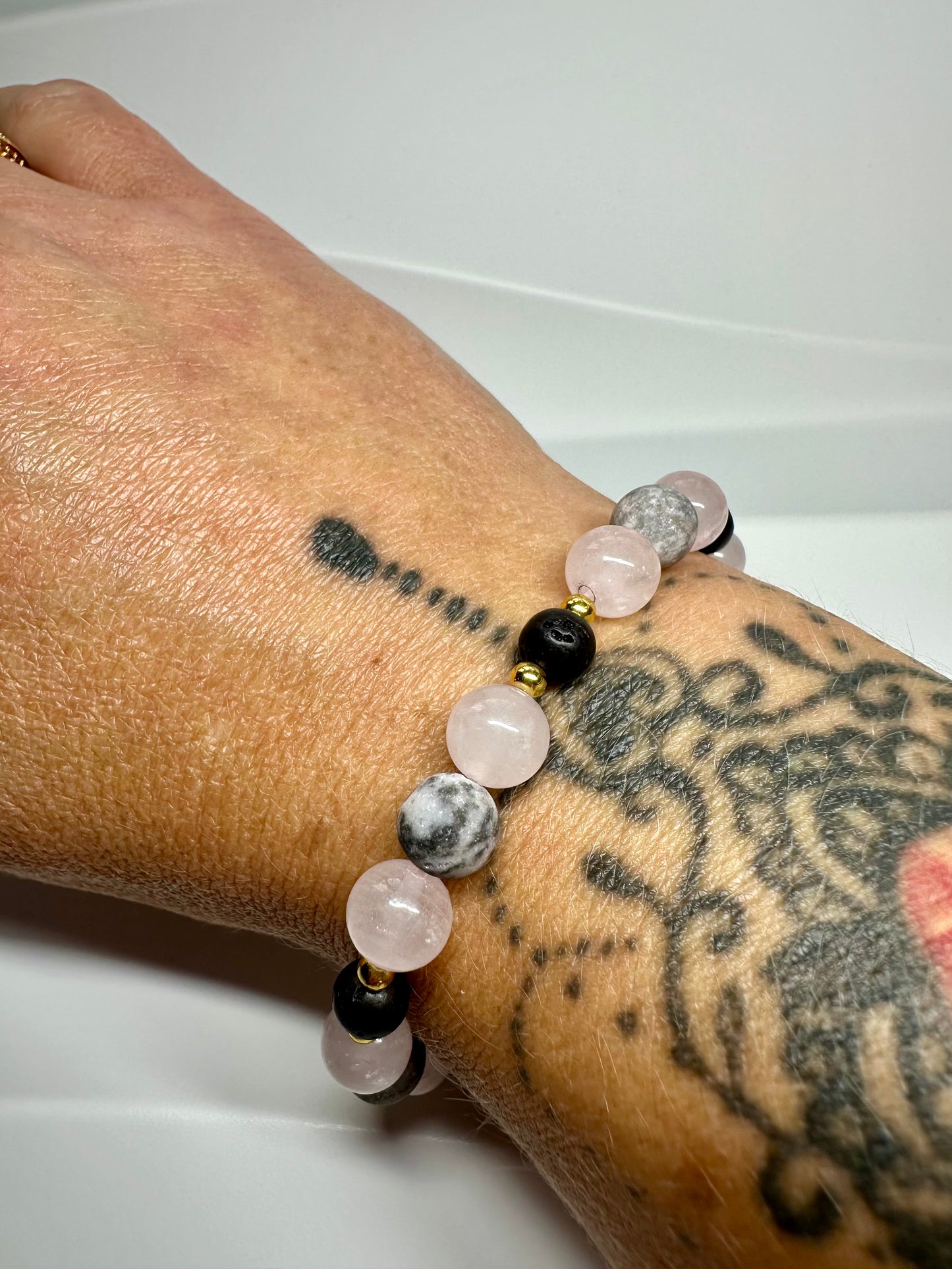 Grounded Love Crystal Bracelet ,Black Lava, Rose Quartz & Pink Zebra Jasper | Handmade Spiritual Jewellery for Balance and Healing