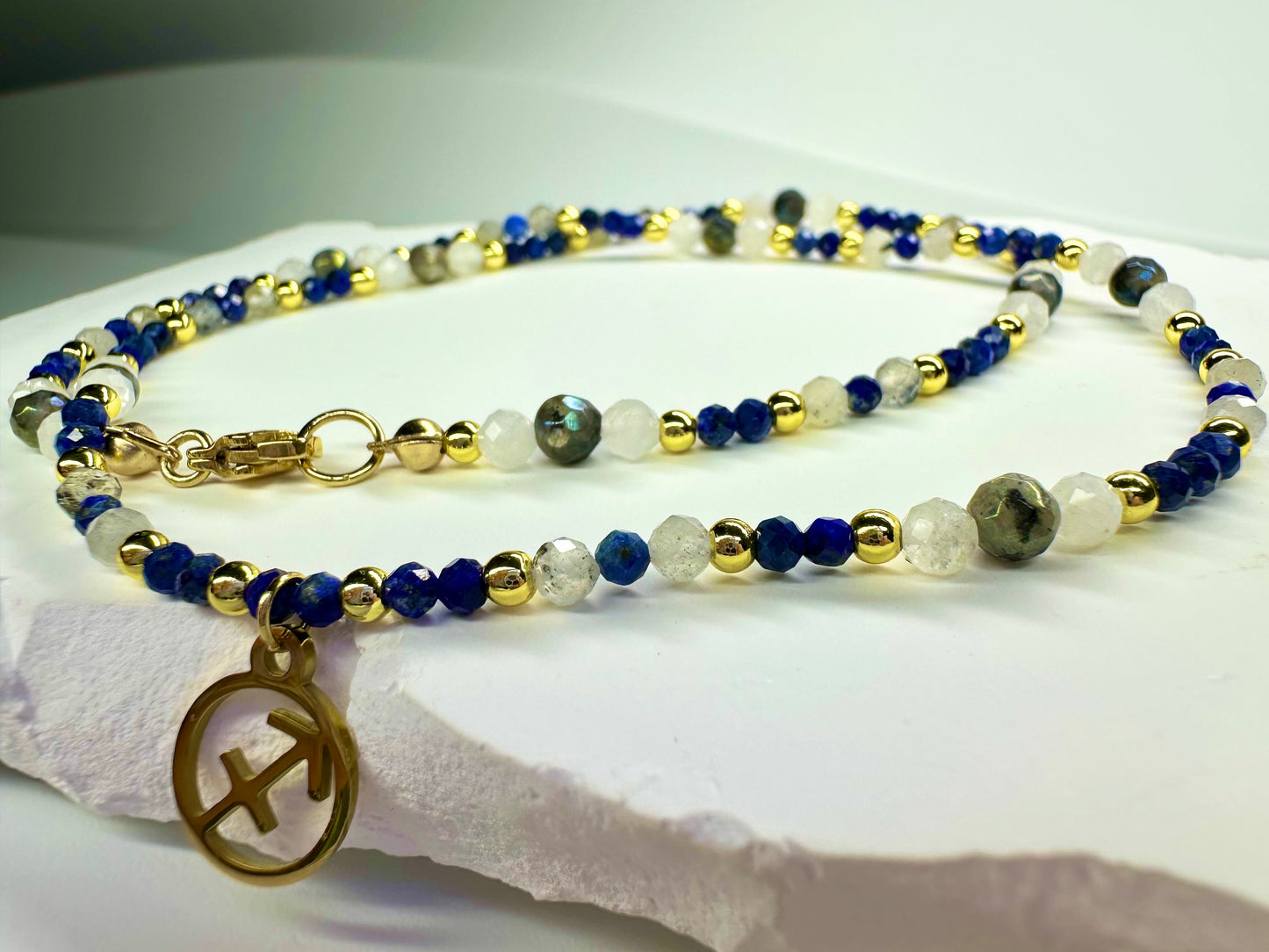 Sagittarius Zodiac Necklace β Lapis Lazuli, Labradorite & Moonstone | Handmade Crystal Beaded Jewellery | Astrology Gift for Her