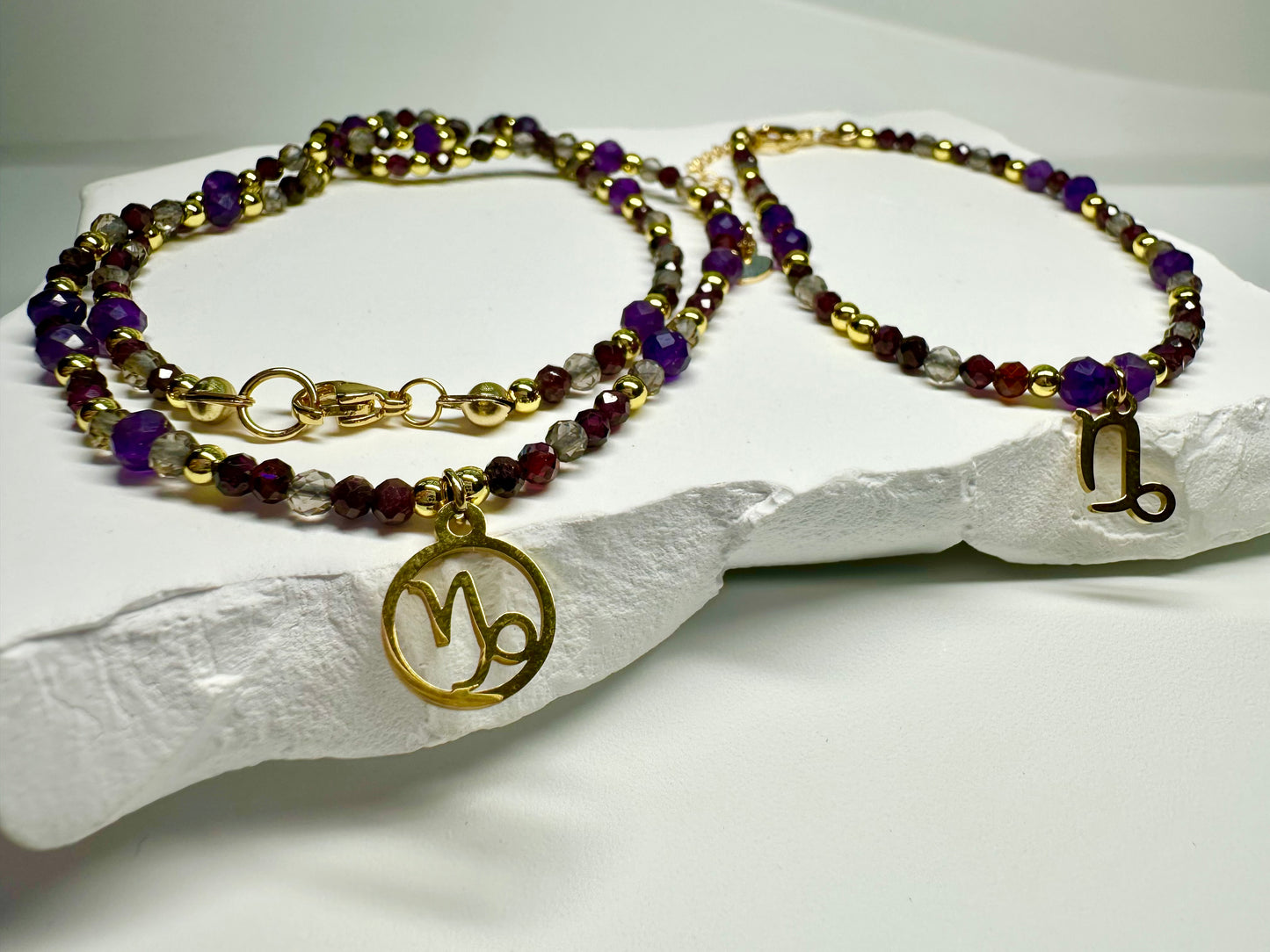 Capricorn Zodiac Jewellery Set – Smoky Quartz, Garnet & Amethyst | Handmade Necklace & Bracelet for Grounding & Ambition