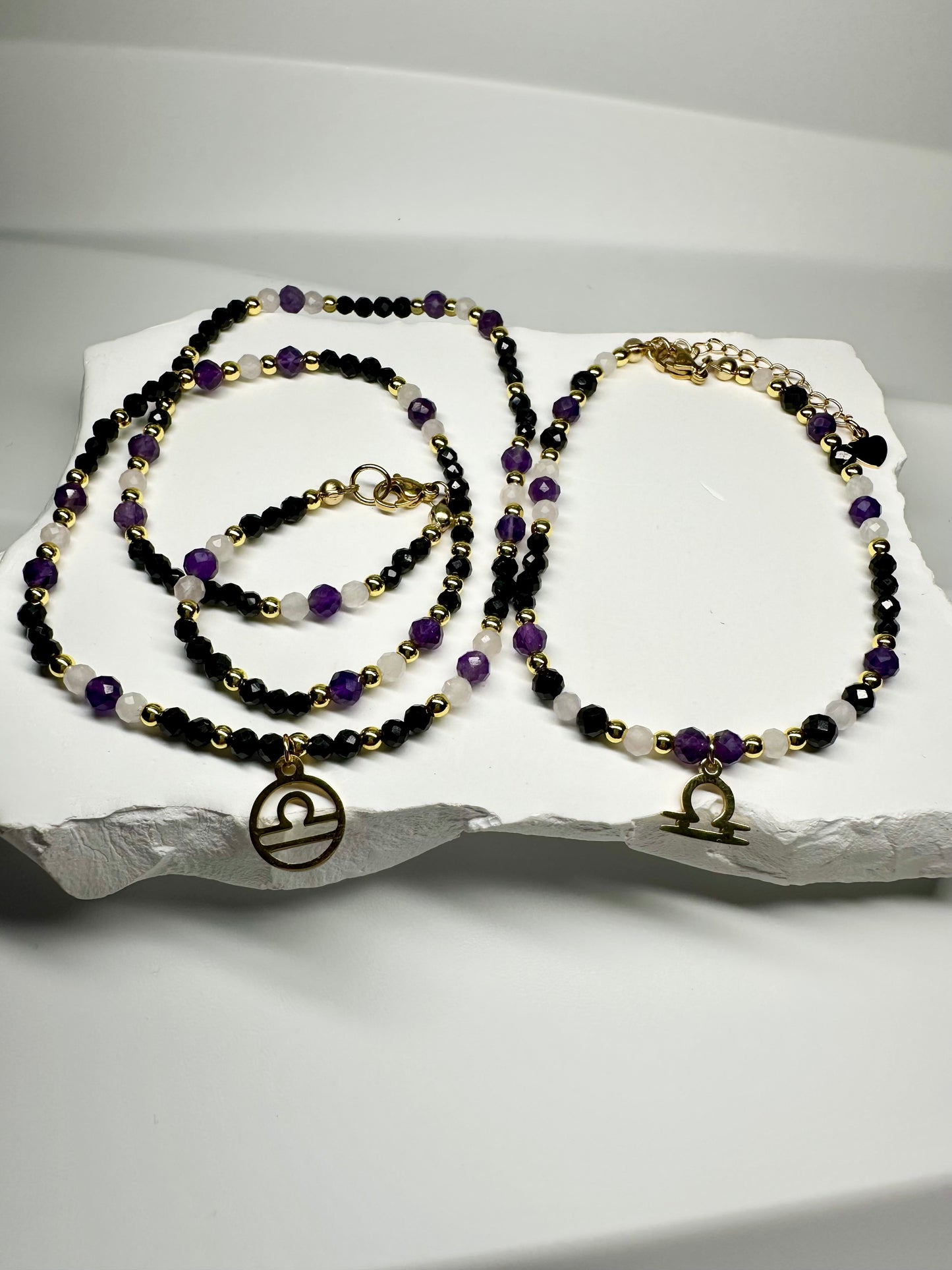 Libra Zodiac Jewellery Set β Bracelet & Necklace | Black Tourmaline, Amethyst & Rose Quartz | Handmade Crystal Gift