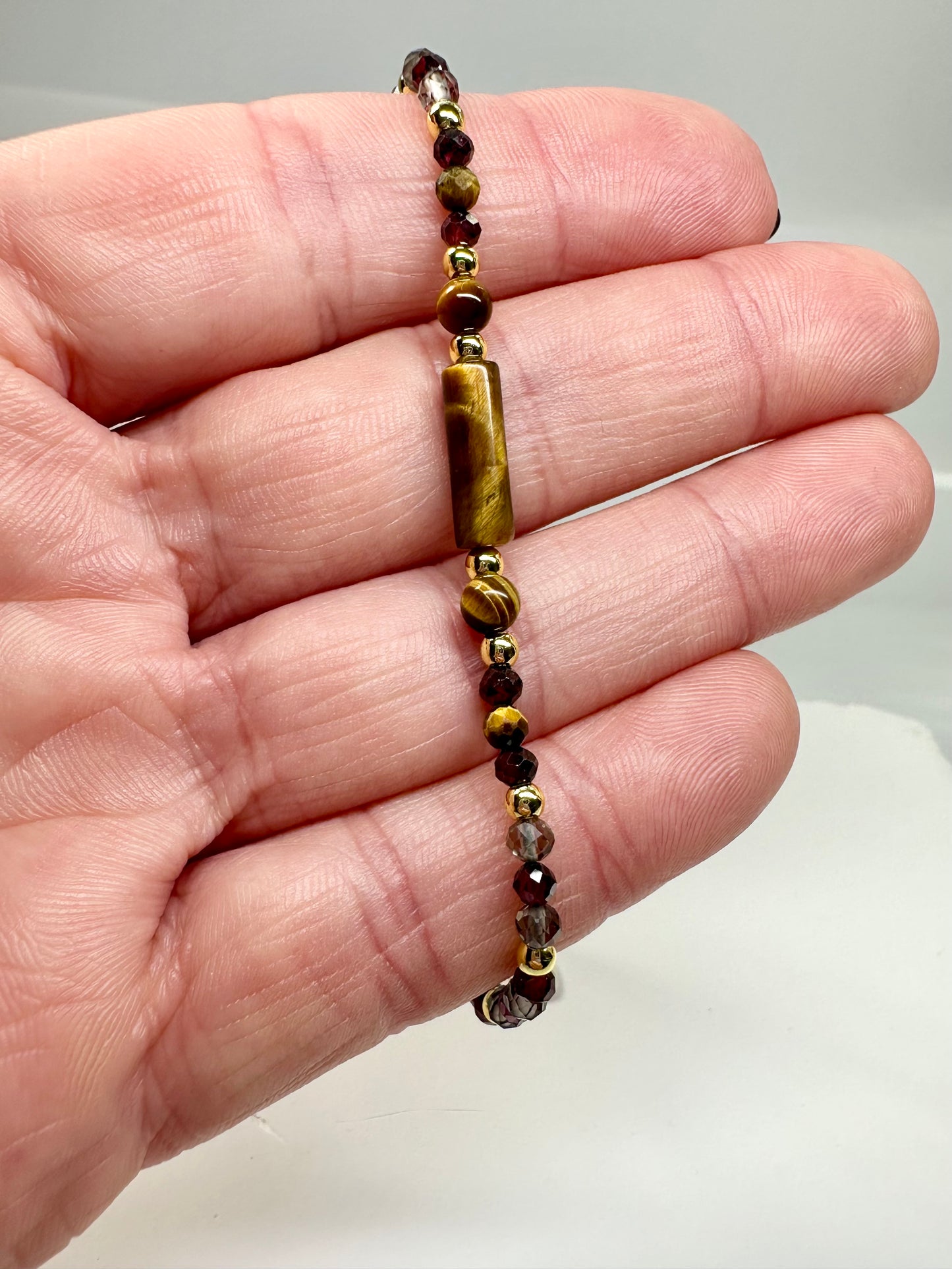 Capricorn Crystal Bracelet – Tiger’s Eye, Garnet & Smoky Quartz