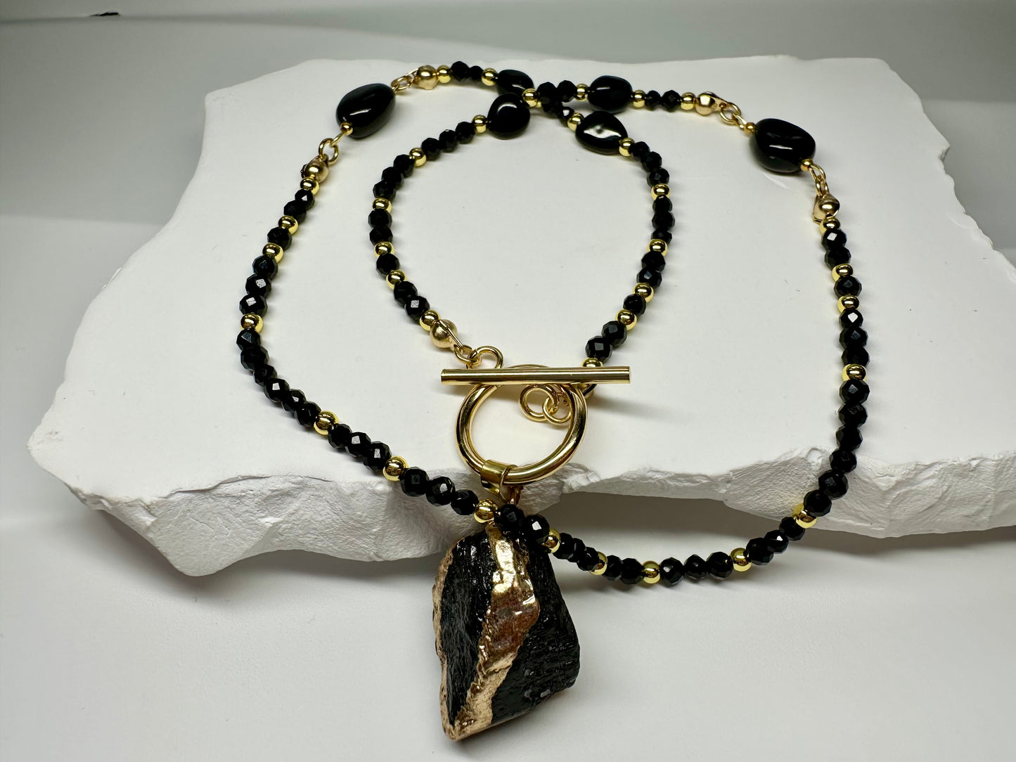 Black Tourmaline Beaded Necklace – Handmade Protection Jewellery with Raw Pendant & Gold Toggle Clasp