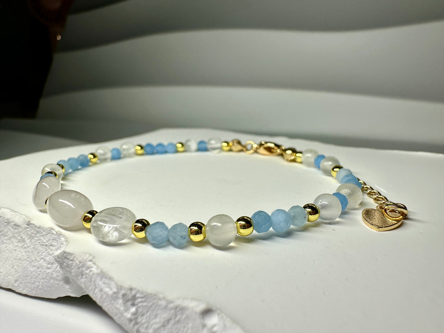 Aquarius Birthstone Bracelet – Aquamarine, Rose Quartz & Selenite | Handmade Zodiac Crystal Jewelry for Clarity & Love