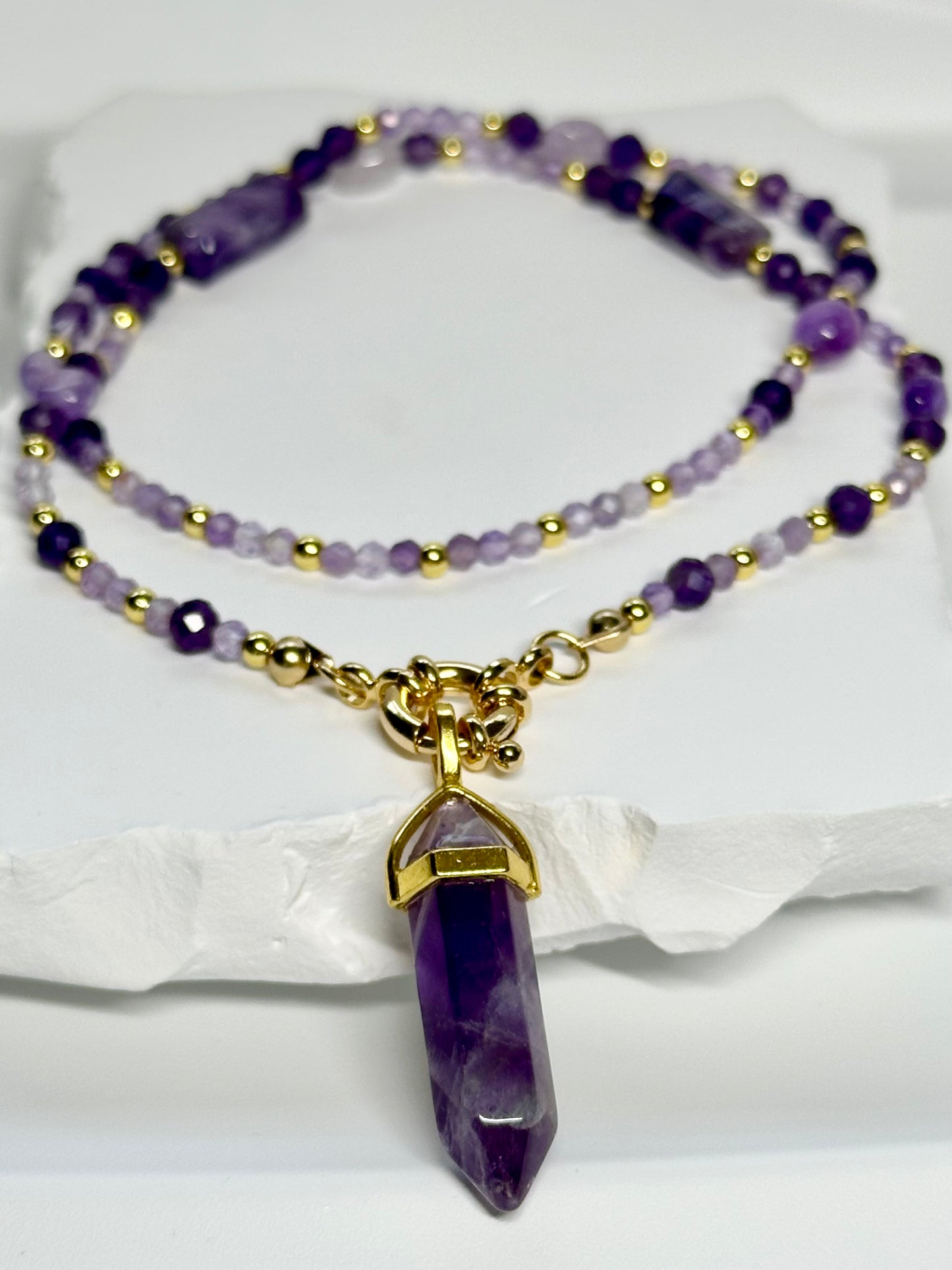 Amethyst Crystal Point Necklace β Calm, Intuition & Gold Elegance