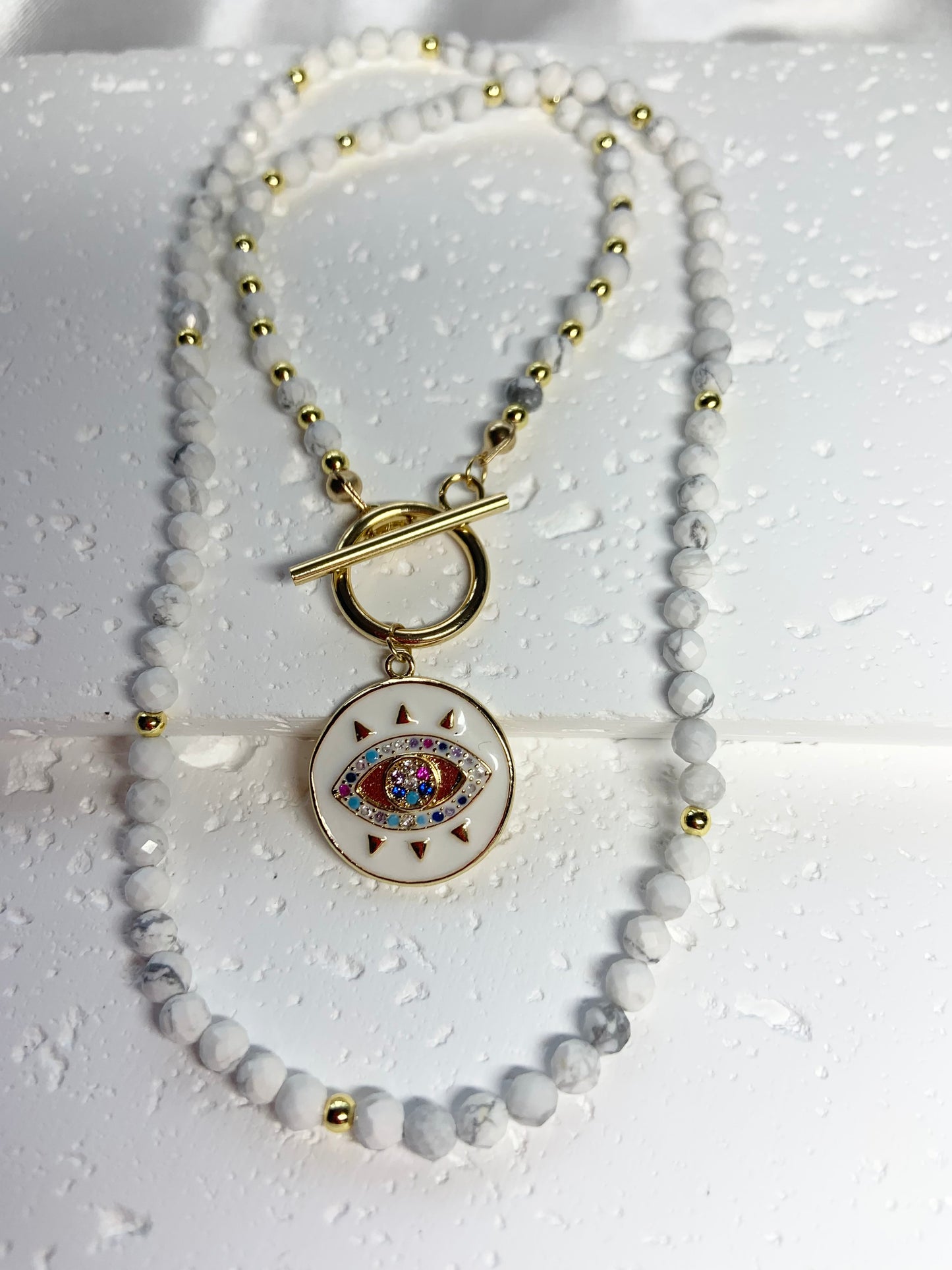 White Howlite Evil Eye Necklace – Gold Toggle Clasp | Handmade Protection Jewelry for Clarity & Energy Shielding