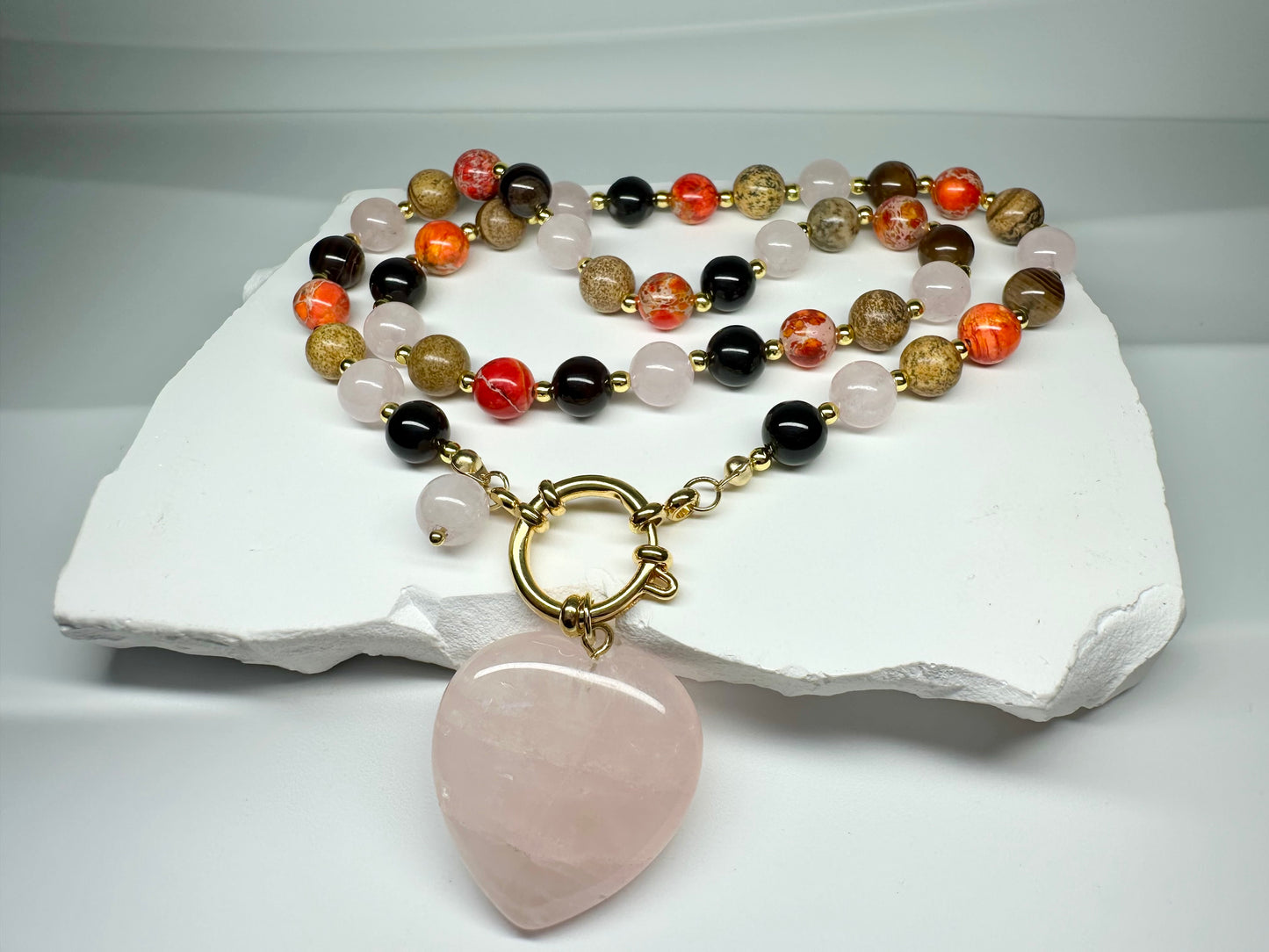 Emotional Balance Necklace – Rose Quartz, Picture Jasper, Striped Agate, Orange Jasper