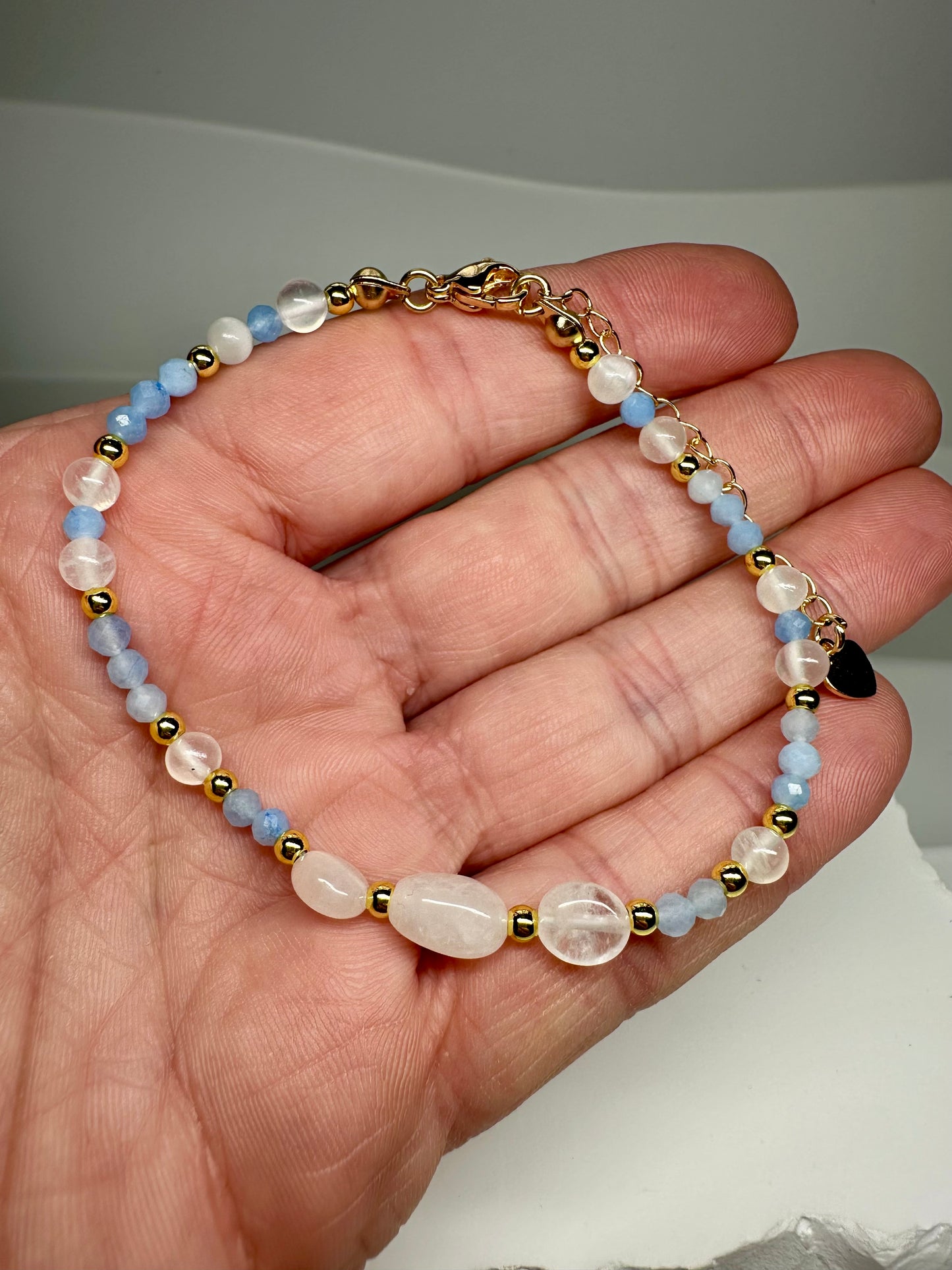 Aquarius Birthstone Bracelet – Aquamarine, Rose Quartz & Selenite | Handmade Zodiac Crystal Jewelry for Clarity & Love