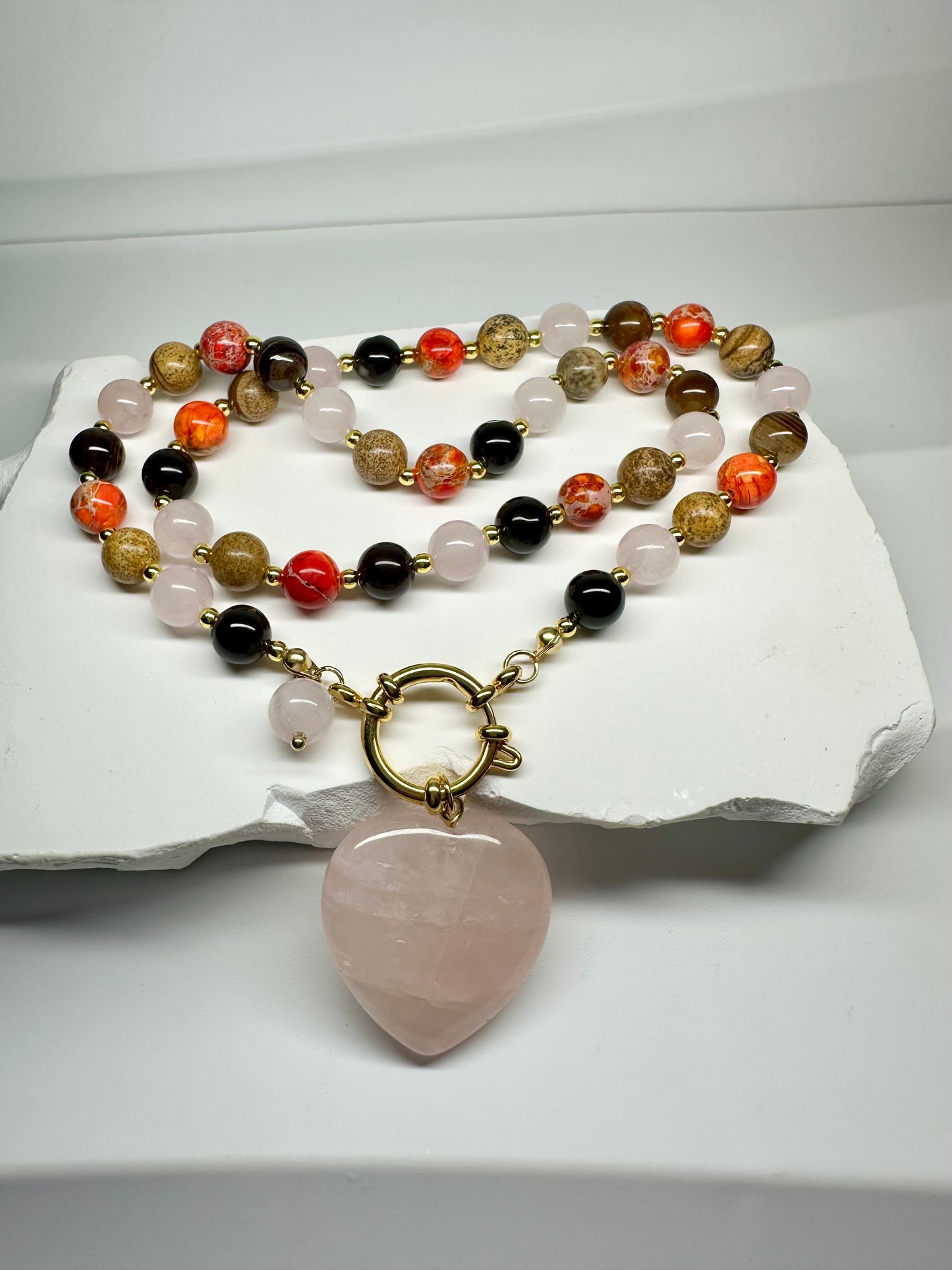 Emotional Balance Necklace – Rose Quartz, Picture Jasper, Striped Agate, Orange Jasper