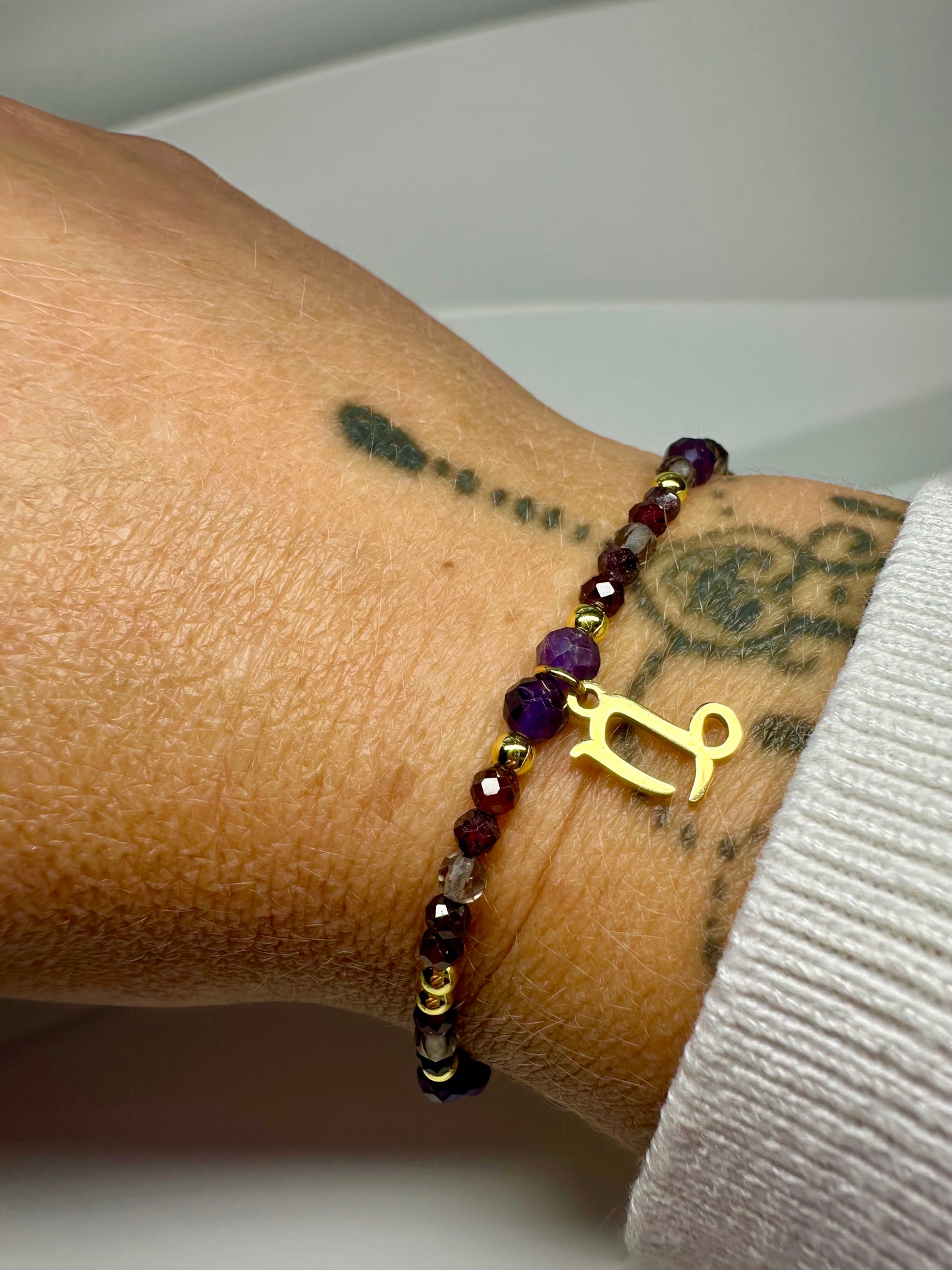 Capricorn Zodiac Bracelet – Smoky Quartz, Garnet & Amethyst | Handmade Crystal Jewellery for Strength & Grounding