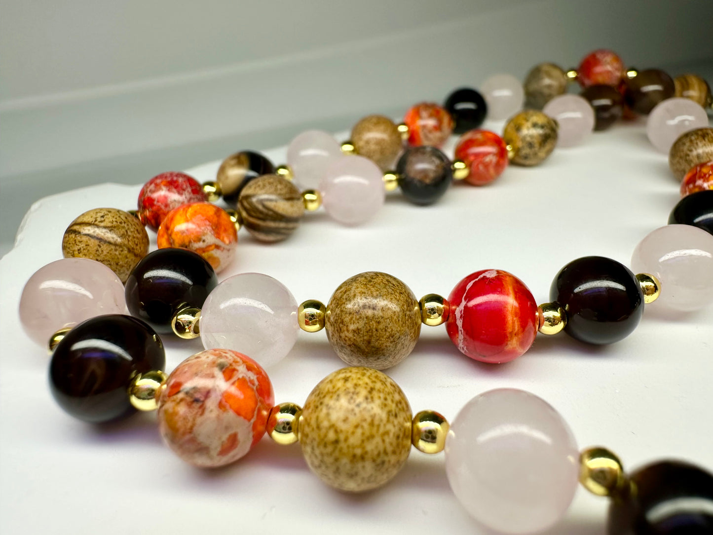 Emotional Balance Necklace – Rose Quartz, Picture Jasper, Striped Agate, Orange Jasper