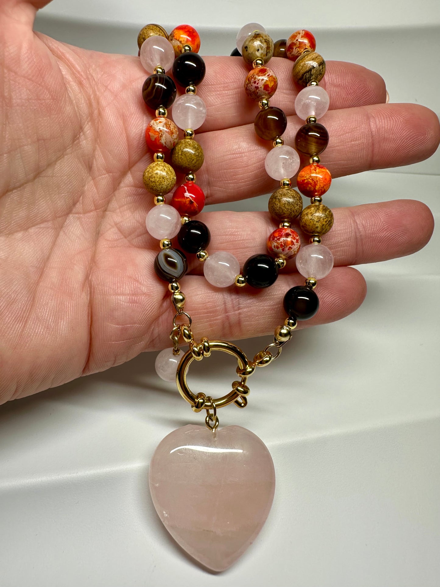 Emotional Balance Necklace – Rose Quartz, Picture Jasper, Striped Agate, Orange Jasper