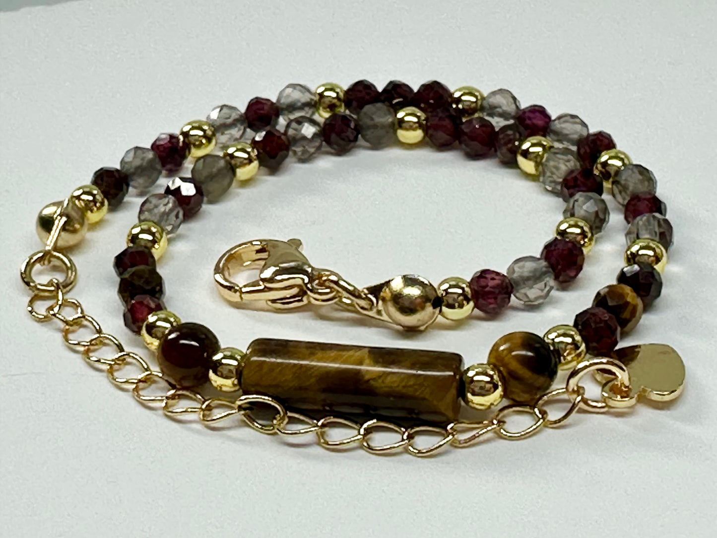 Capricorn Crystal Bracelet – Tiger’s Eye, Garnet & Smoky Quartz