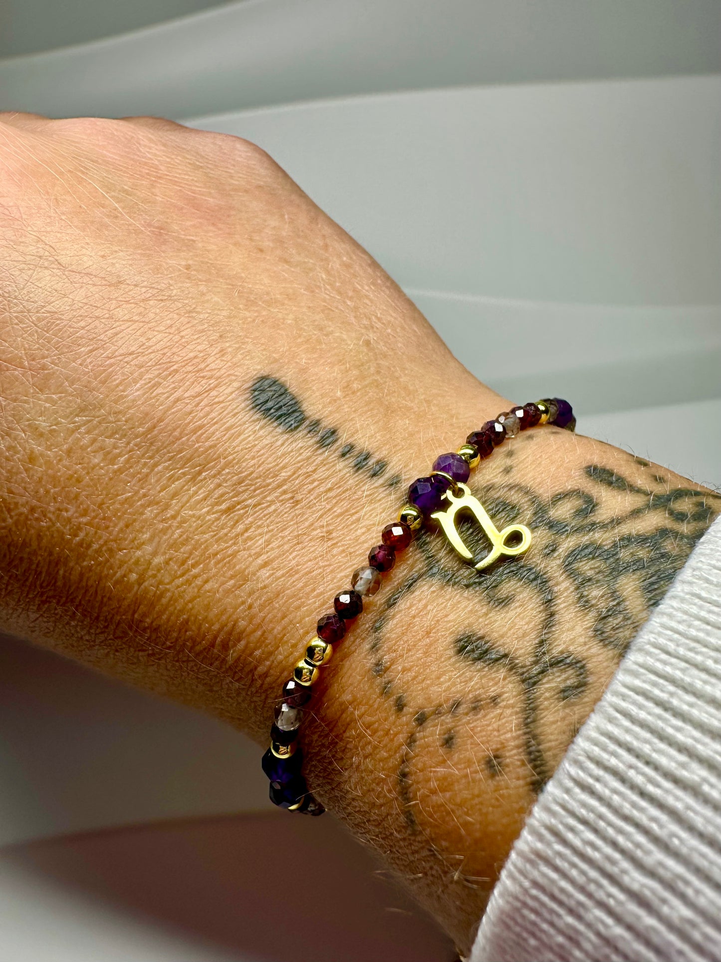 Capricorn Zodiac Jewellery Set – Smoky Quartz, Garnet & Amethyst | Handmade Necklace & Bracelet for Grounding & Ambition