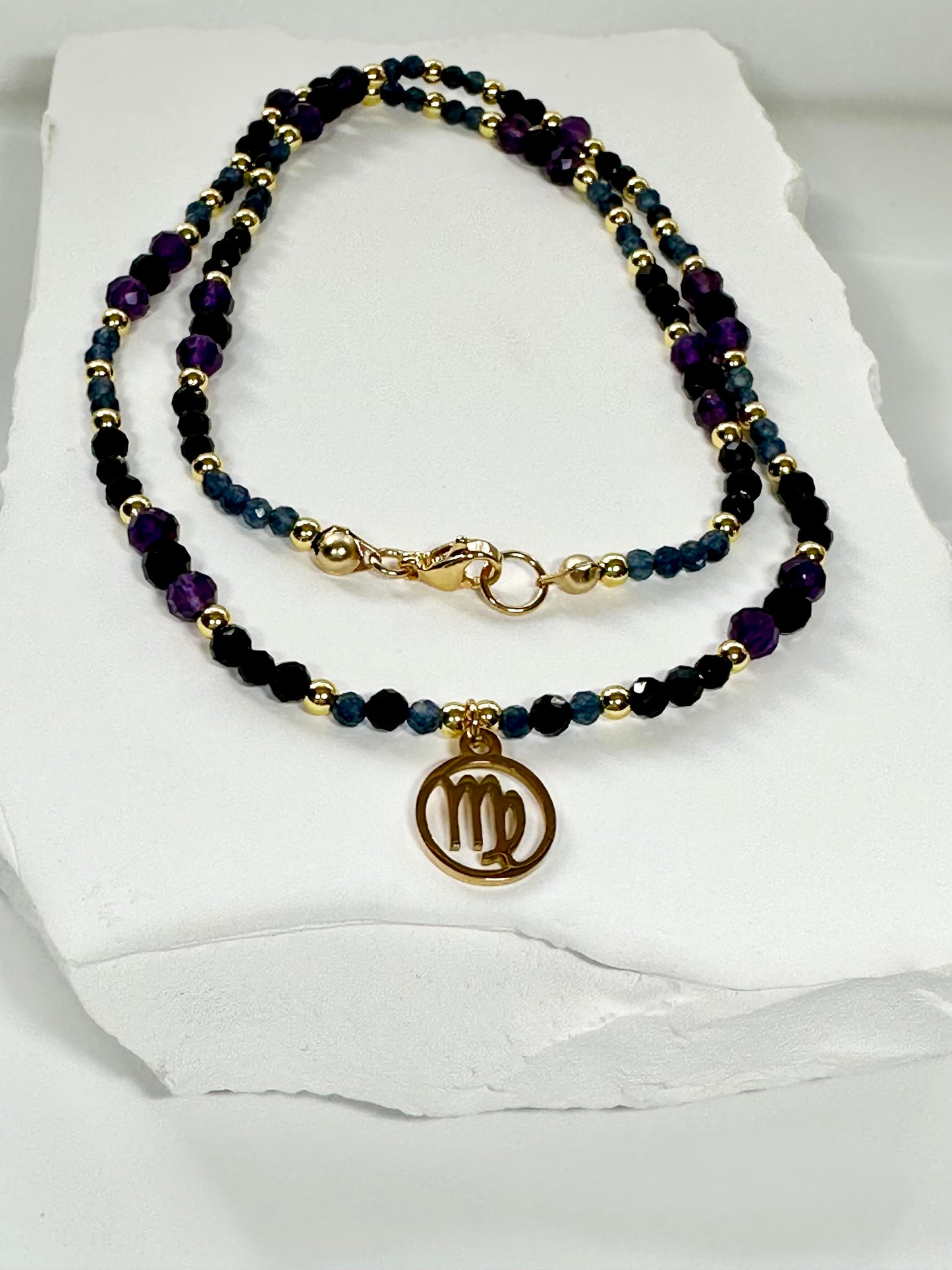 Virgo Zodiac Necklace β Sapphire, Black Tourmaline & Amethyst | Handmade Crystal Jewellery for Clarity, Protection & Inner Peace