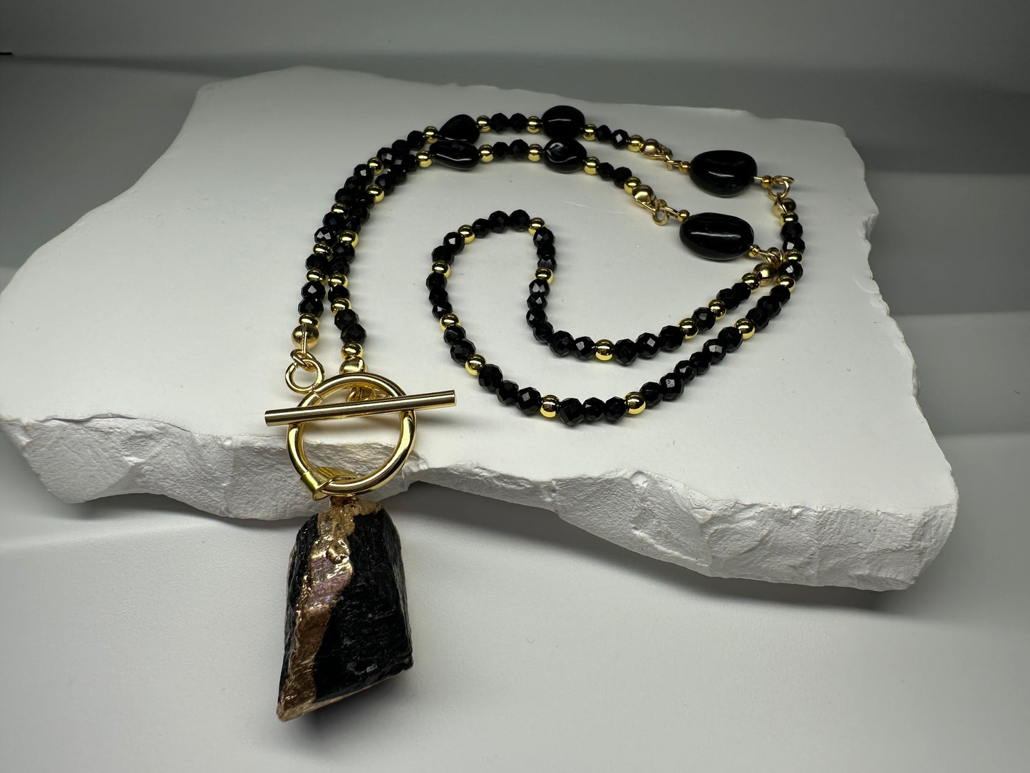 Black Tourmaline Beaded Necklace – Handmade Protection Jewellery with Raw Pendant & Gold Toggle Clasp