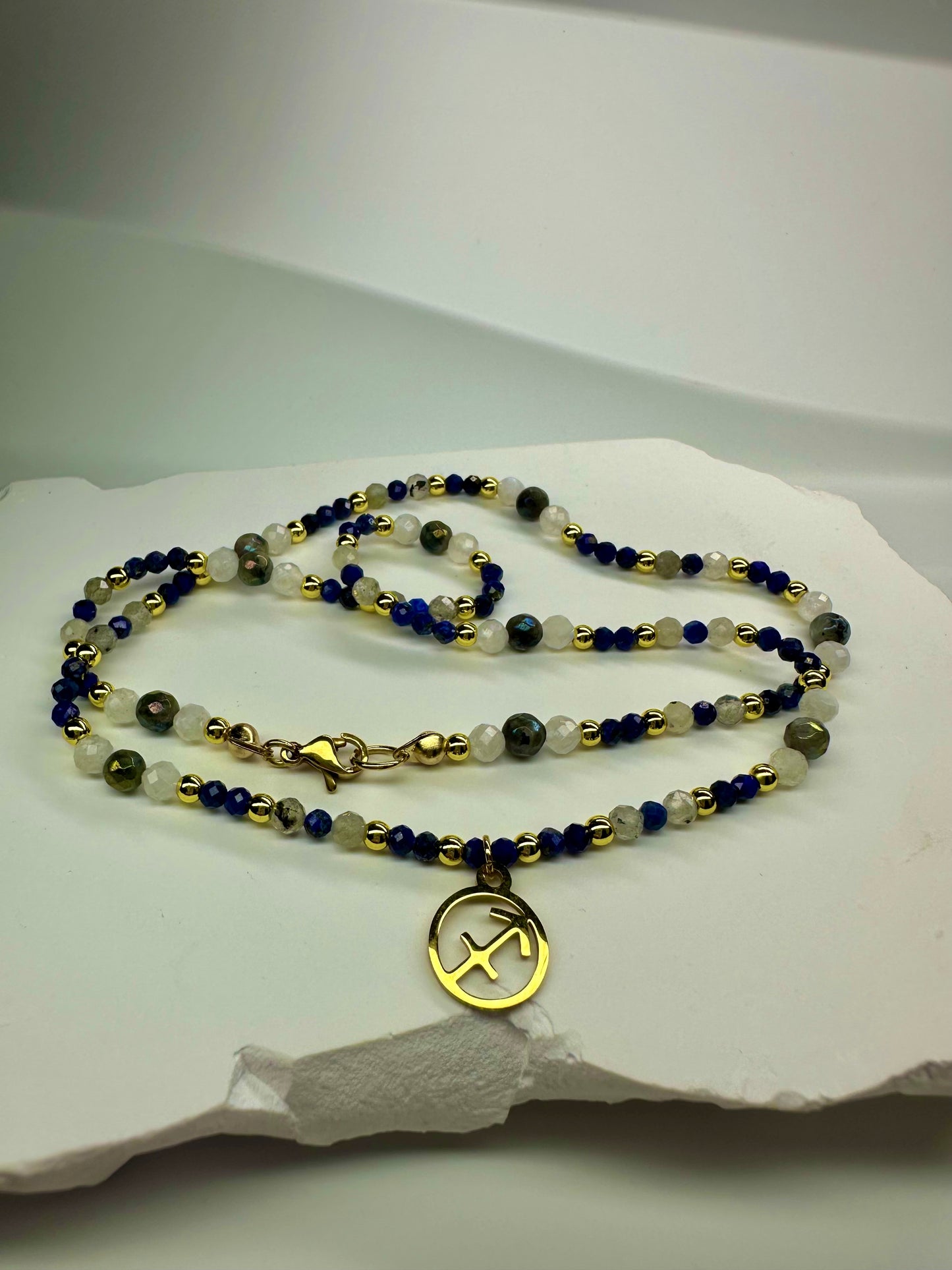 Sagittarius Zodiac Necklace β Lapis Lazuli, Labradorite & Moonstone | Handmade Crystal Beaded Jewellery | Astrology Gift for Her