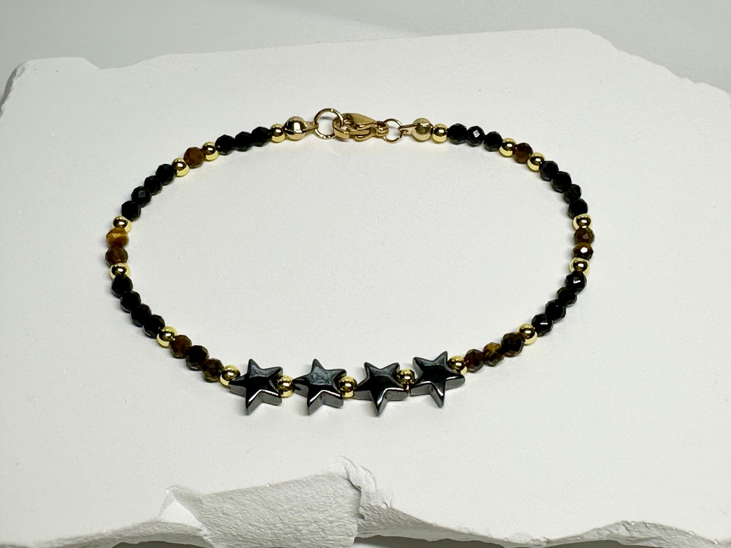 Black Tourmaline, Tiger Eye & Hematite Stars Bracelet – Handmade Protection Jewelry for Strength, Focus & Energy Shielding