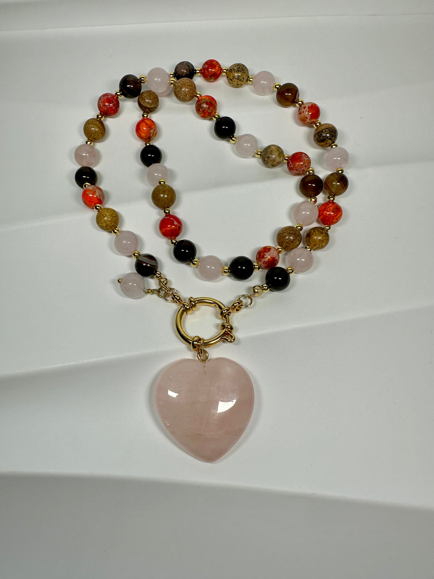 Emotional Balance Necklace – Rose Quartz, Picture Jasper, Striped Agate, Orange Jasper