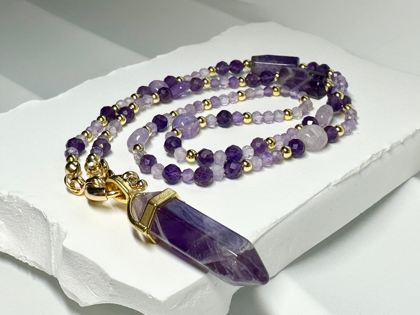 Amethyst Crystal Point Necklace β Calm, Intuition & Gold Elegance
