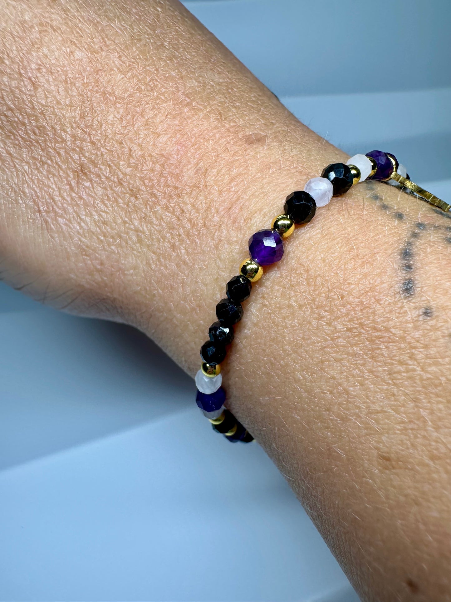 Libra Zodiac Bracelet – Black Tourmaline, Amethyst & Rose Quartz | Handmade Spiritual Jewellery