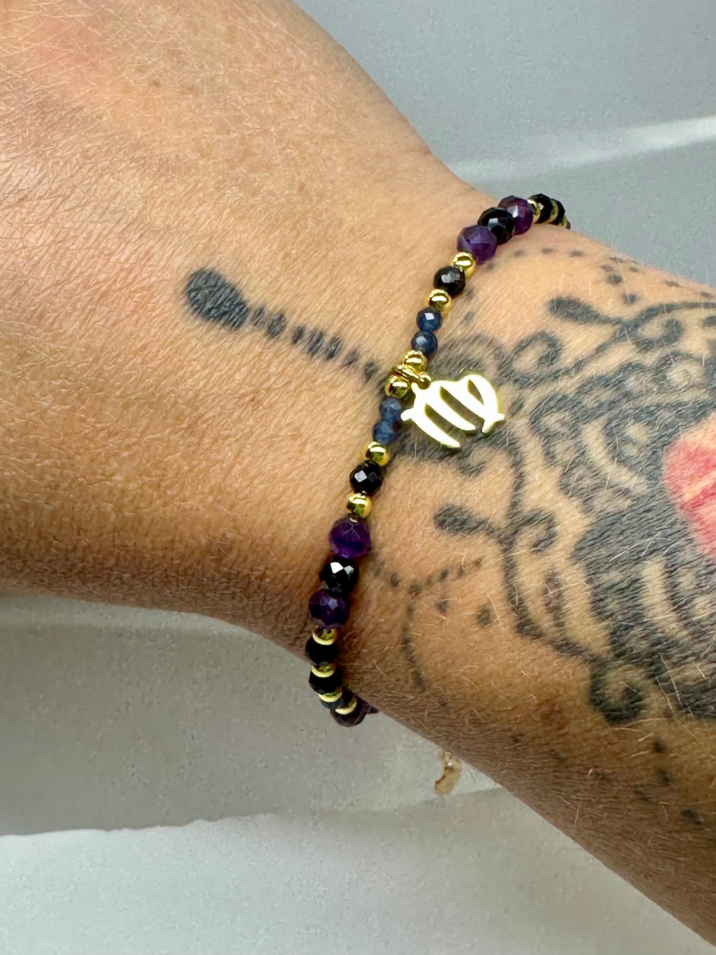 Virgo Zodiac Bracelet – Sapphire, Black Tourmaline & Amethyst | Handmade Crystal Jewellery for Protection, Clarity & Calm