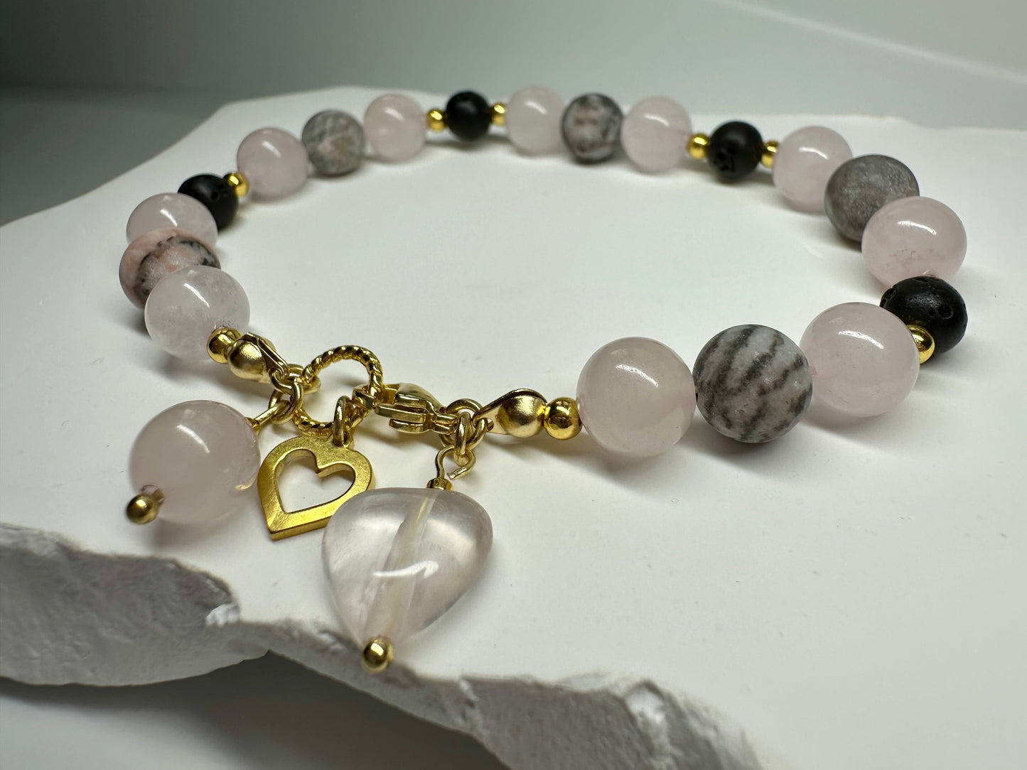 Grounded Love Crystal Bracelet ,Black Lava, Rose Quartz & Pink Zebra Jasper | Handmade Spiritual Jewellery for Balance and Healing