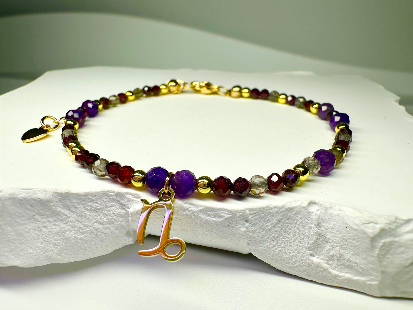 Capricorn Zodiac Bracelet – Smoky Quartz, Garnet & Amethyst | Handmade Crystal Jewellery for Strength & Grounding