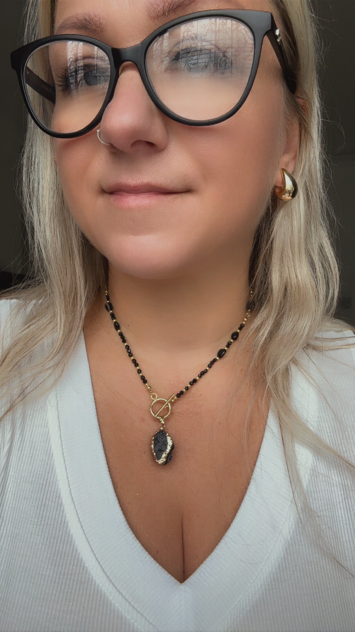 Black Tourmaline Beaded Necklace – Handmade Protection Jewellery with Raw Pendant & Gold Toggle Clasp