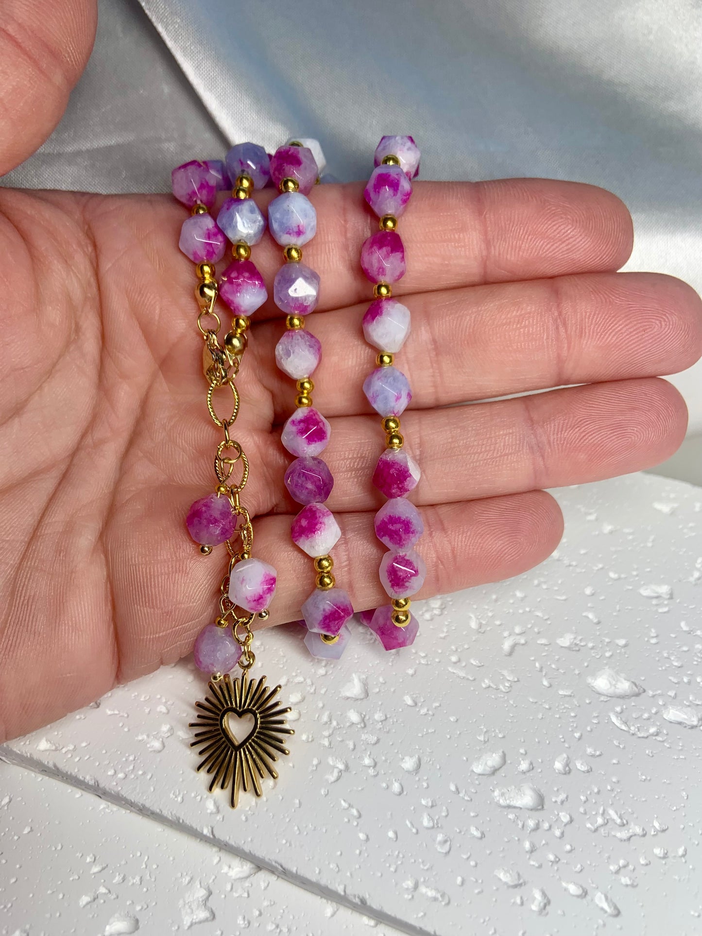 Pink Jade Necklace with Sunburst Heart Charm – Handmade Crystal Jewelry for Love, Joy & Emotional Healing