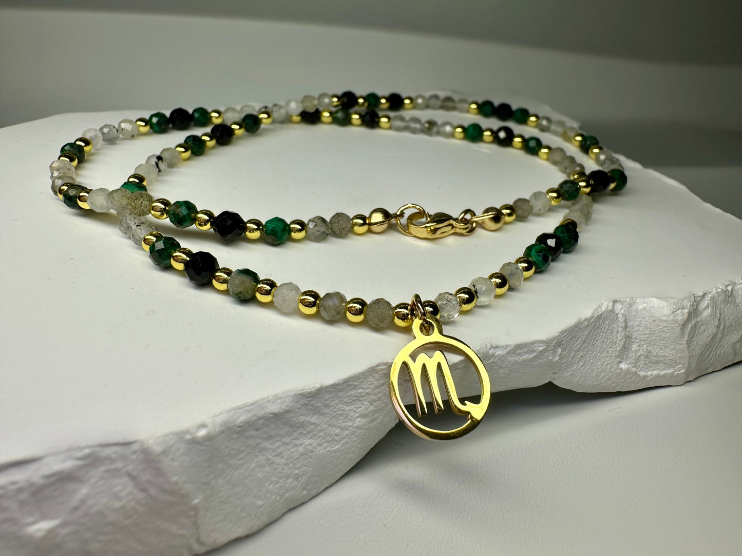 Scorpio Zodiac Set β Black Tourmaline, Malachite & Labradorite Necklace + Bracelet