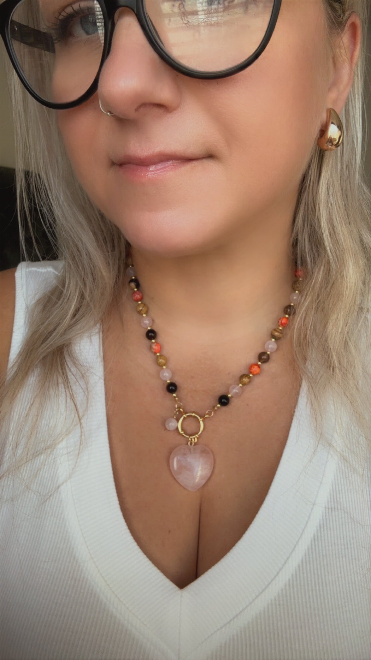 Emotional Balance Necklace – Rose Quartz, Picture Jasper, Striped Agate, Orange Jasper