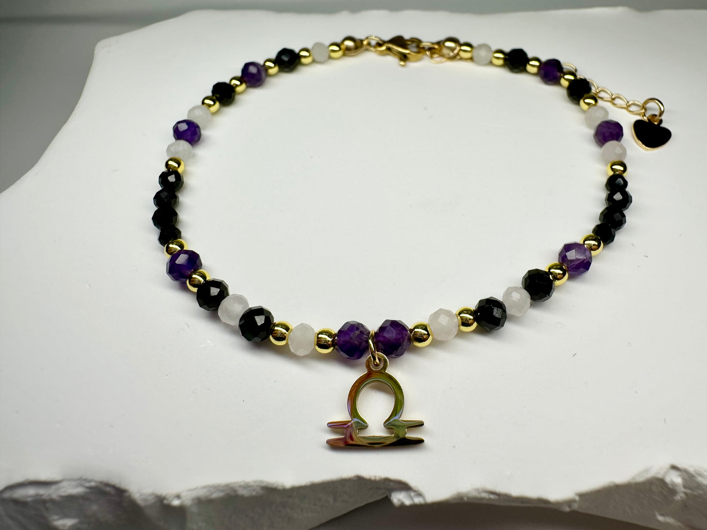 Libra Zodiac Bracelet – Black Tourmaline, Amethyst & Rose Quartz | Handmade Spiritual Jewellery