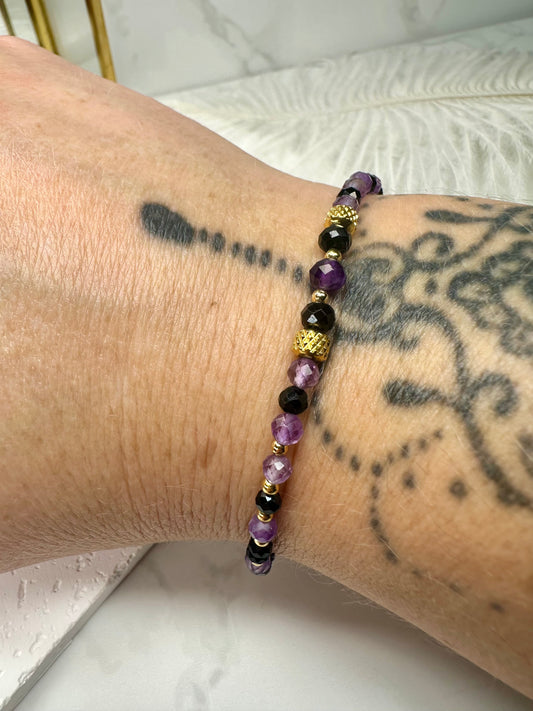 Beaded Black Tourmaline & Amethyst Bracelet