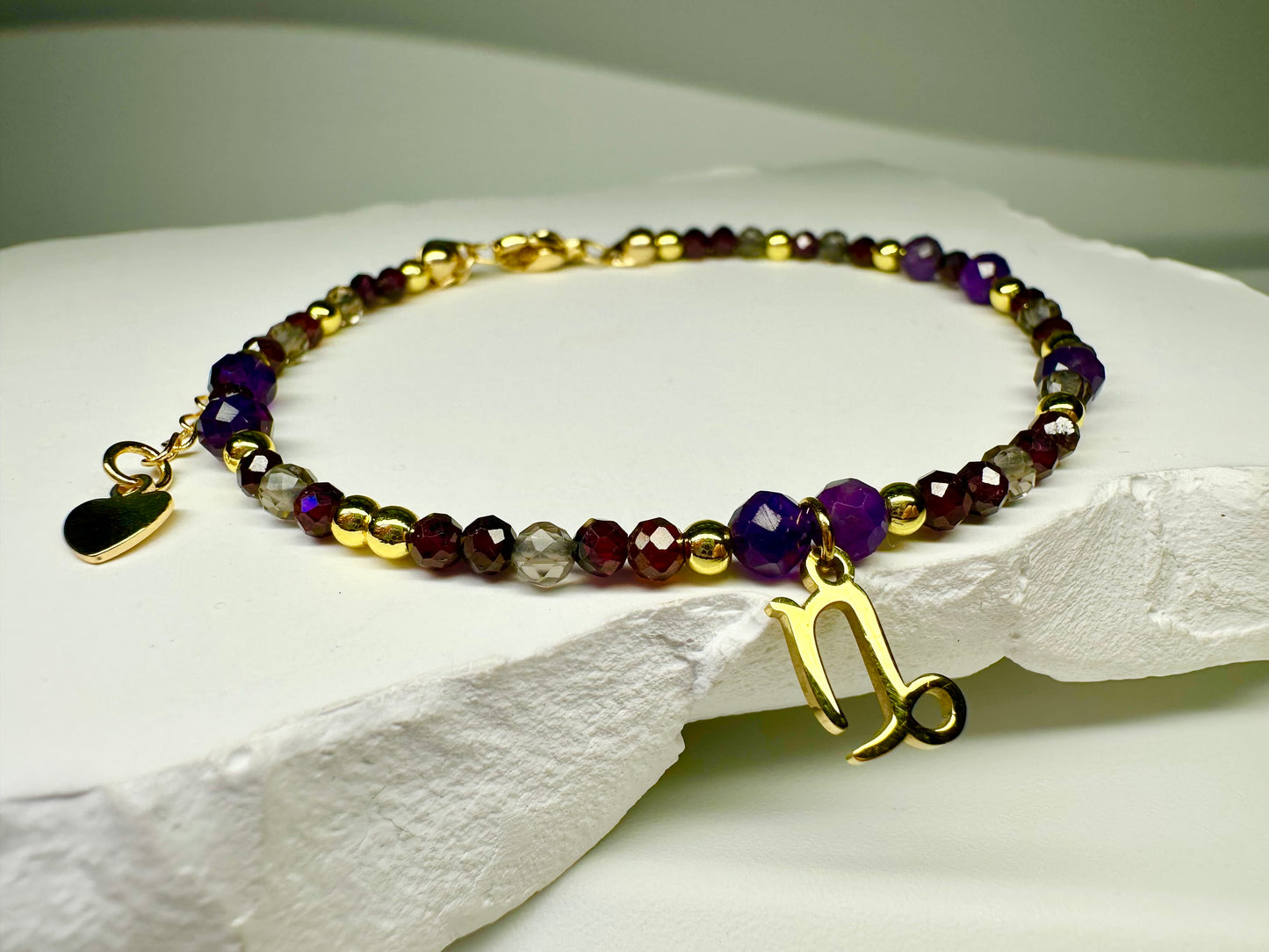 Capricorn Zodiac Bracelet – Smoky Quartz, Garnet & Amethyst | Handmade Crystal Jewellery for Strength & Grounding