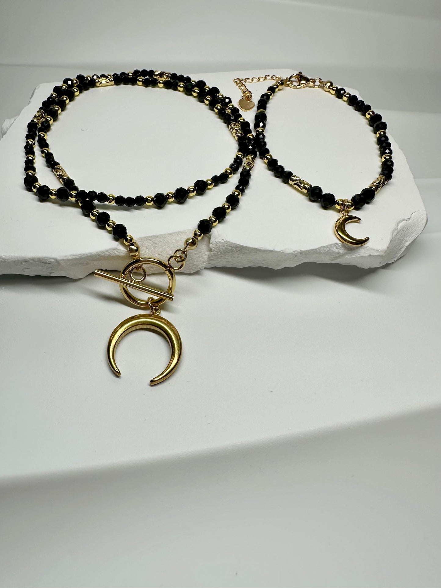 Black Tourmaline Jewelry Set β Crescent Moon Pendant & Gold Toggle Clasp for Protection & Intuition
