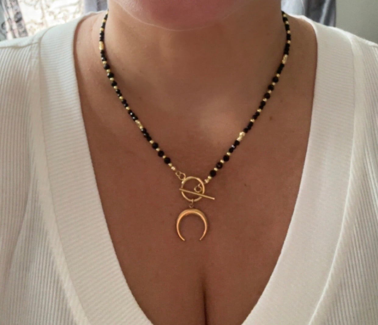 Black Tourmaline Jewelry Set β Crescent Moon Pendant & Gold Toggle Clasp for Protection & Intuition
